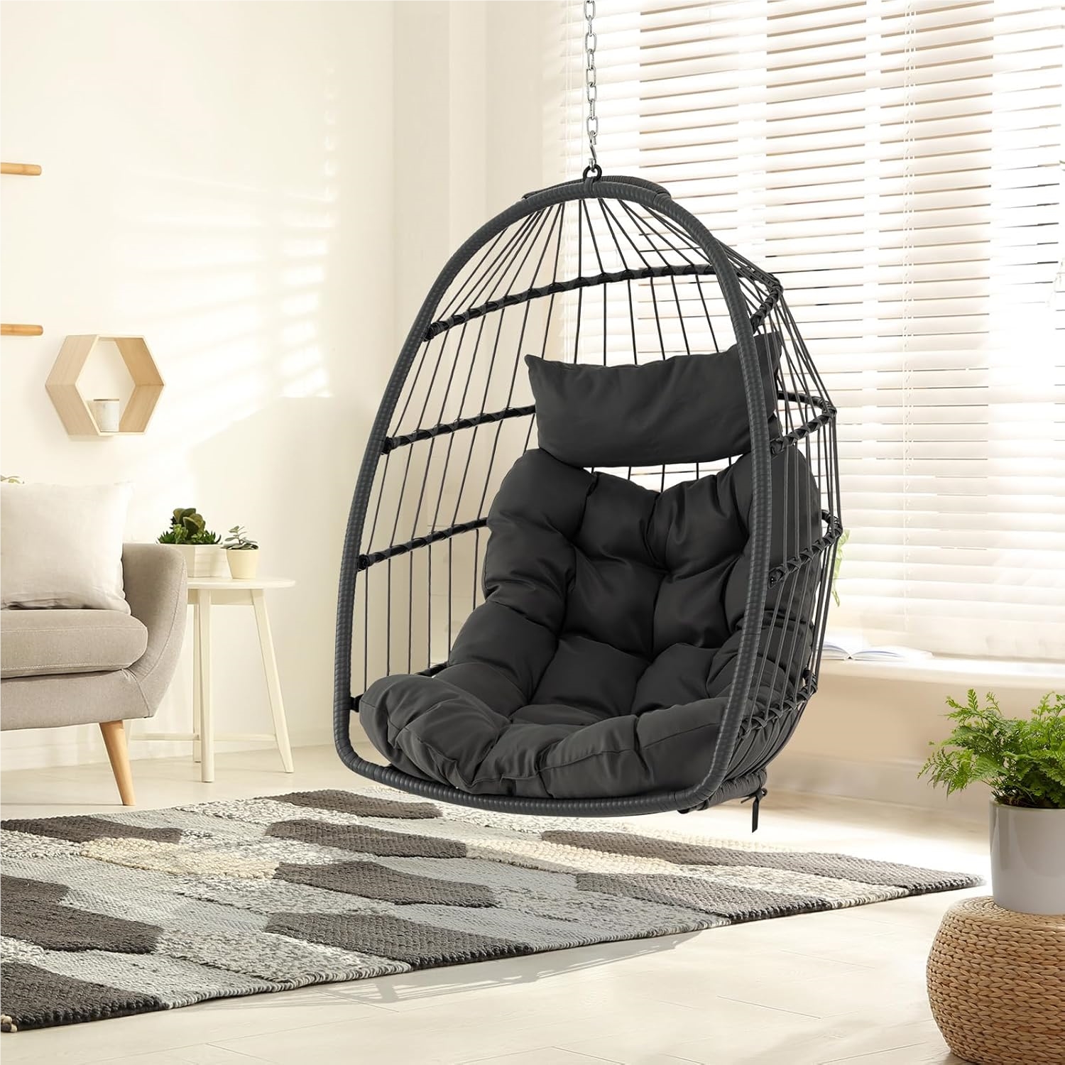Hanging Chair, Foldable Hanging Basket Chair Made Of Pe Rattan With Soft Cushion, Hanging Swing, Hanging Seat With Hanging Accessories, Hanging Chair For Indoor And Outdoor, Grey