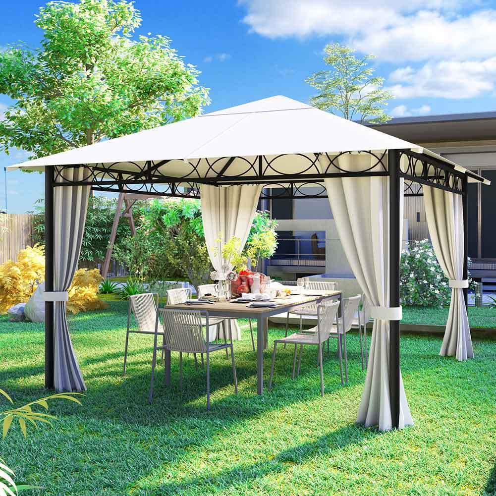 TEMU BAKAJI Gazebo da Giardino Beige in Metallo con Tende Chiusura Cerniera Zip, Telo impermeabile, Struttura in Ferro, Design Elegante e Moderno