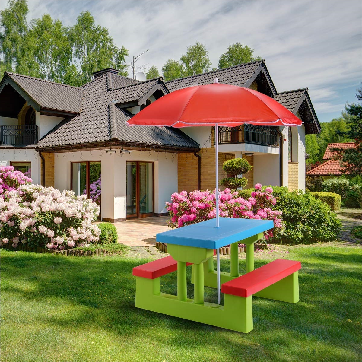 Image of Children's Outdoor Seating Group With Sun Umbrella, Children's Picnic Table With Table & 2 Benches, Children's Seating Set Garden, Children's Table Garden Furniture For Backyard, Terrace (colorful)