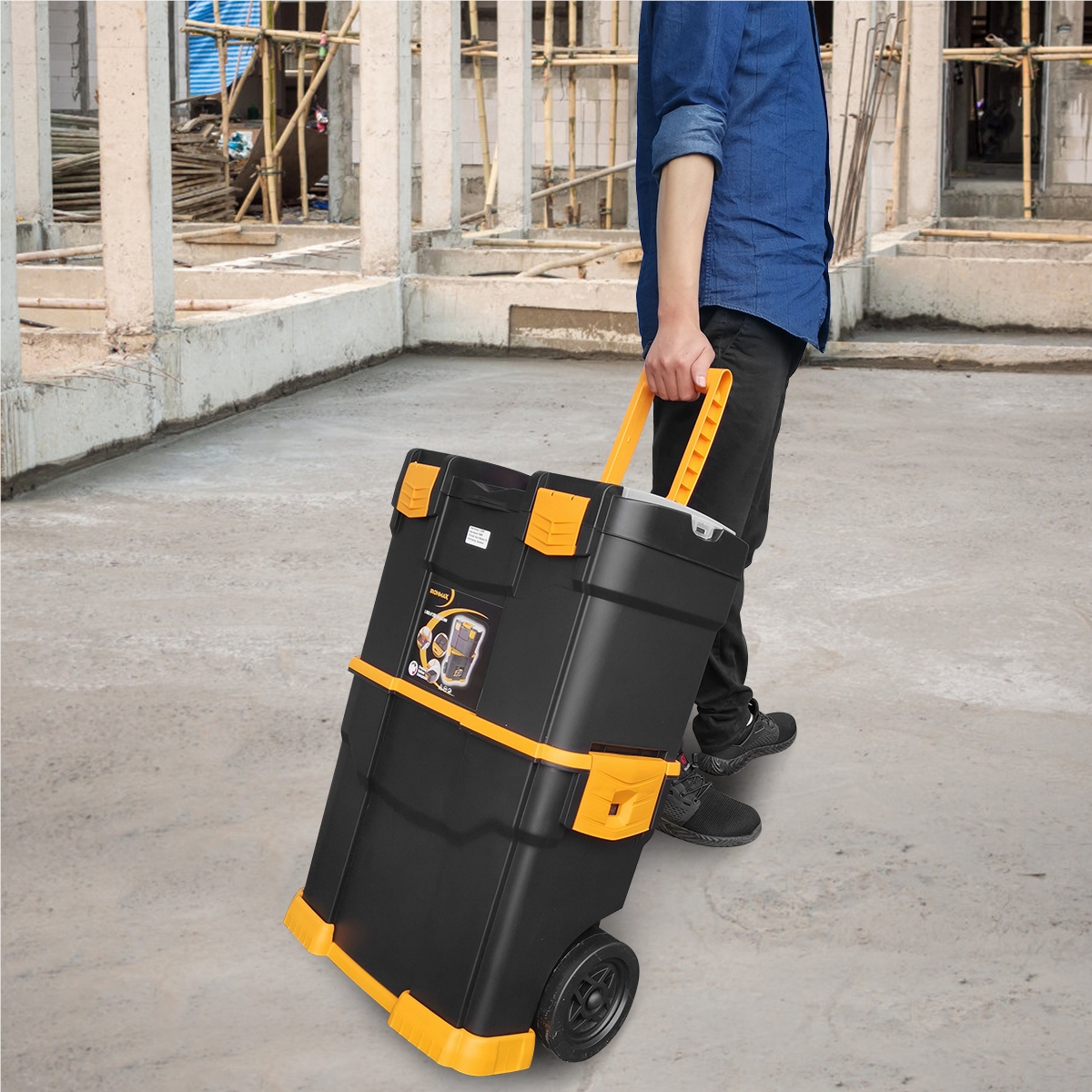Rolling Stackable Toolbox, Sturdy Mobile Toolbox with Removable Storage Bin, Comfortable Folding Handle, Smooth Wheels, Portable 3-in-1 Design for Workshop Garage