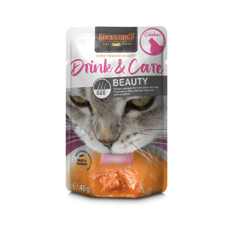 Pack de 20x40g - Sachets de Soupe de Poulet Leonardo Drink & Care pour Chats - Nourriture Complémentaire pour Chats Adultes - Favorise l'Apport de Liquides et la Santé des Voies Urinaires