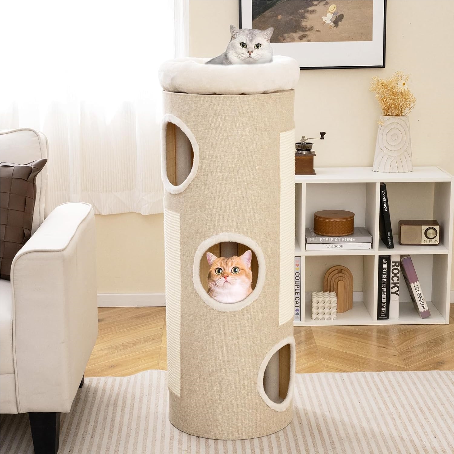 Image of 4-level Scratching , 113 Cm Tall, Cat With 3 Caves, 2 Sisal Scratching Boards, Plush Bed, And Bamboo Mat, Play For Cats, Indoor Cat Furniture, Cat Tower, Cat Tree, Scratching Post, Natural
