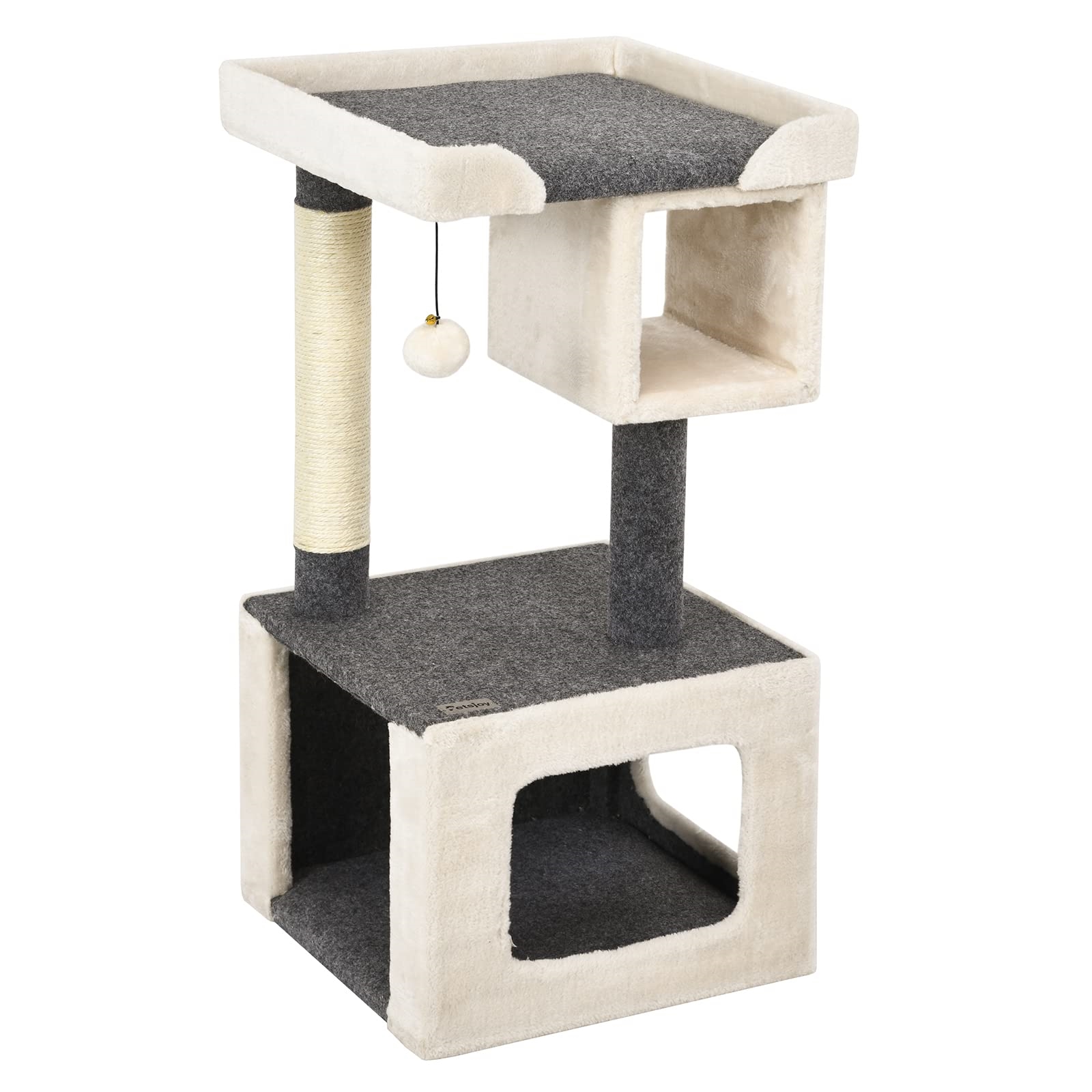 Small Wooden Cat Scratching Post, Stable Cat Tree, White And Gray Climbing Tree, Play Tree With Scratching Posts, Cave, 42 X 42 X 80 Cm