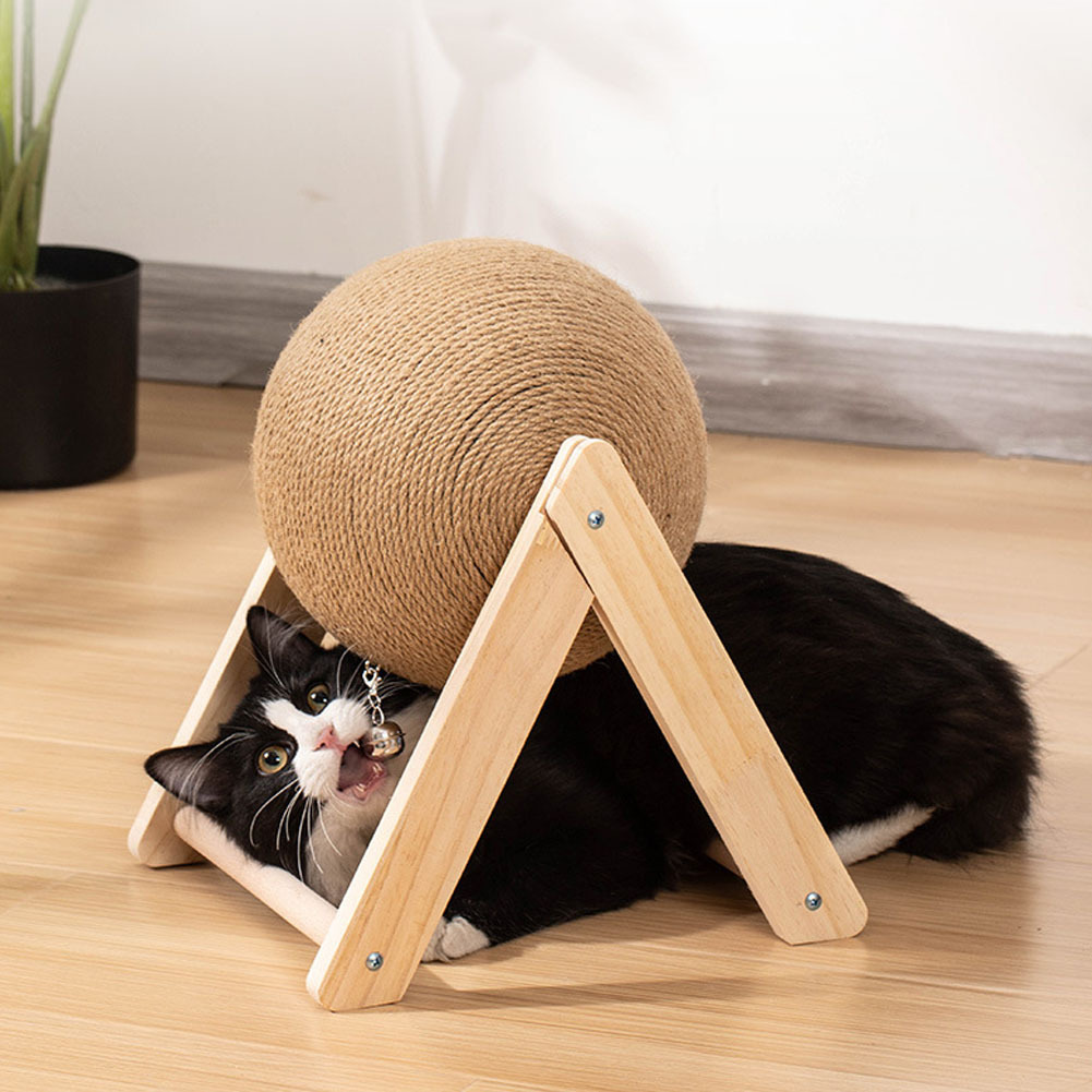 TEMU Sisal Ball Cat Scratching Board, Mini Wood & Sisal Cat Scratcher Ball - 18x18x16cm V-shaped Scratch Toy With Textured Rope - Durable Claw