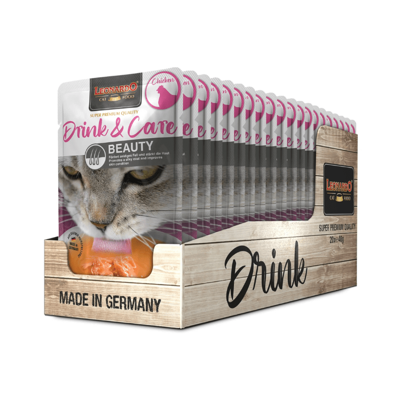 Pack de 20x40g - Sachets de Soupe de Poulet Leonardo Drink & Care pour Chats - Nourriture Complémentaire pour Chats Adultes - Favorise l'Apport de Liquides et la Santé des Voies Urinaires