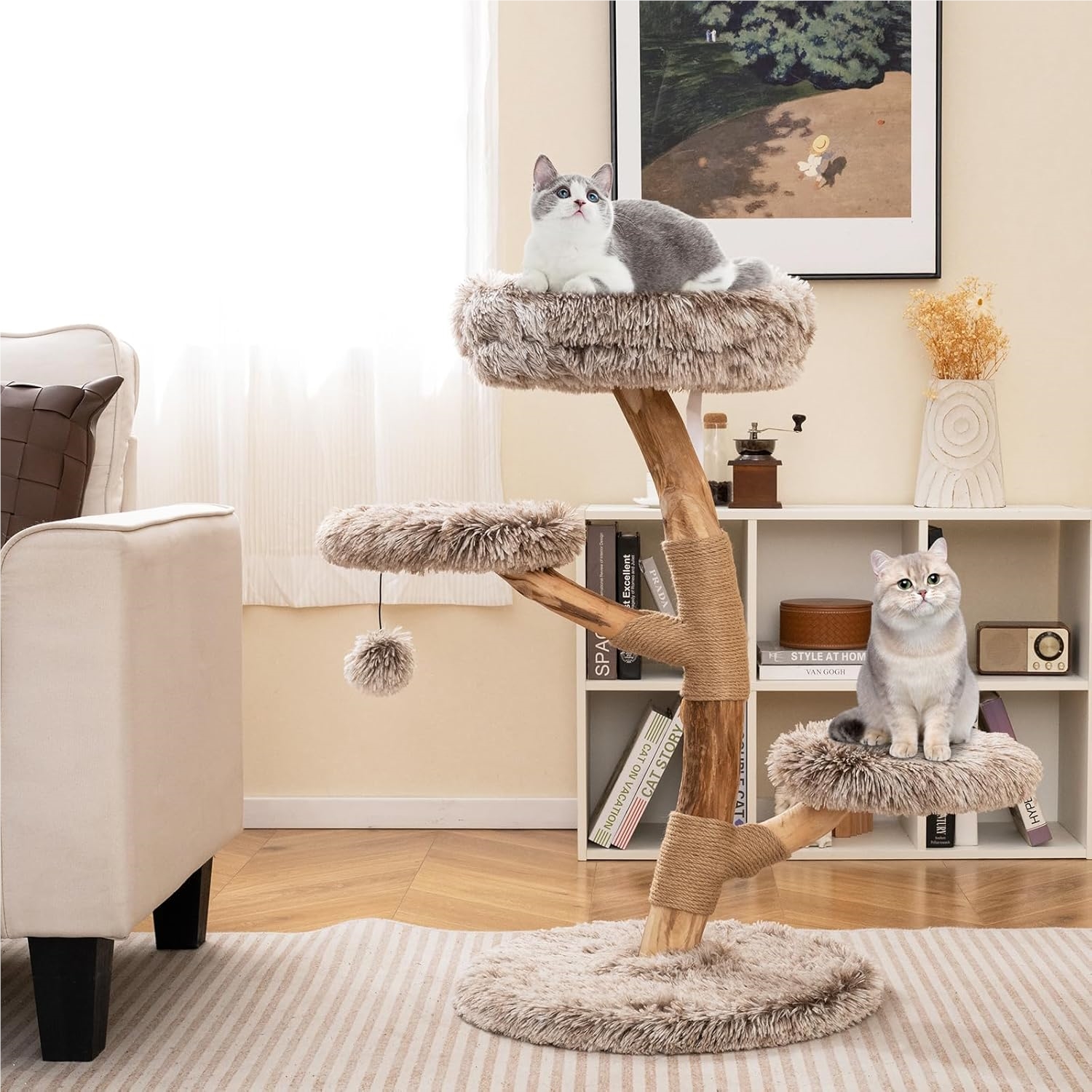 90 Cm Wooden Scratching Post, Cat Tree With 4 Plush Perches, Ball & Scratching Post Made Of Jute, Cat Tower Solid Wood Cat Furniture, Cat Scratching Tree Climbing Tree Cats, Brown