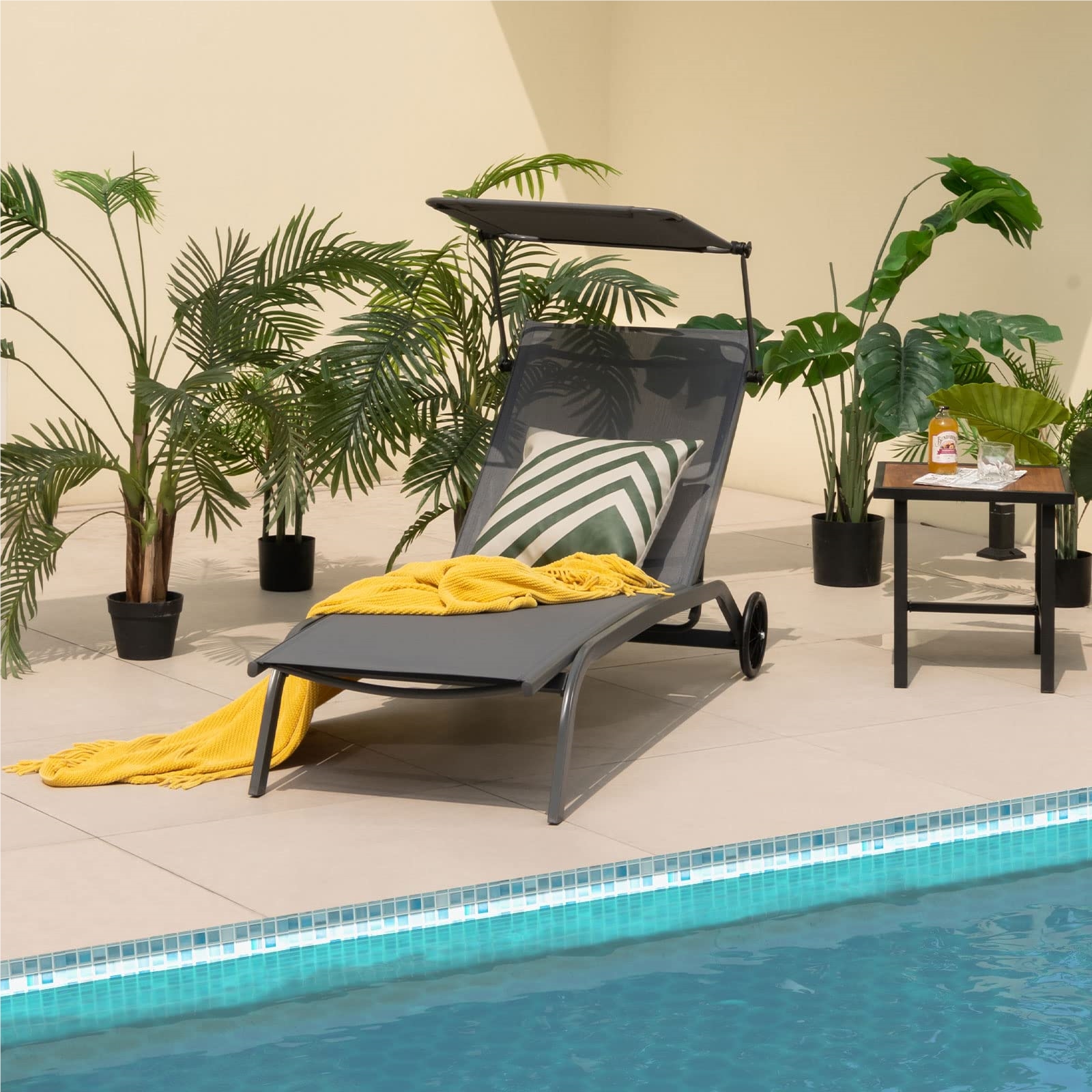 Image of Sun Lounger With Wheels, Canopy, And Cup Holder, Garden Lounger With Adjustable Backrest, Patio Lounger, Recliner, Beach Lounger For Garden, Terrace, Pool, Grey