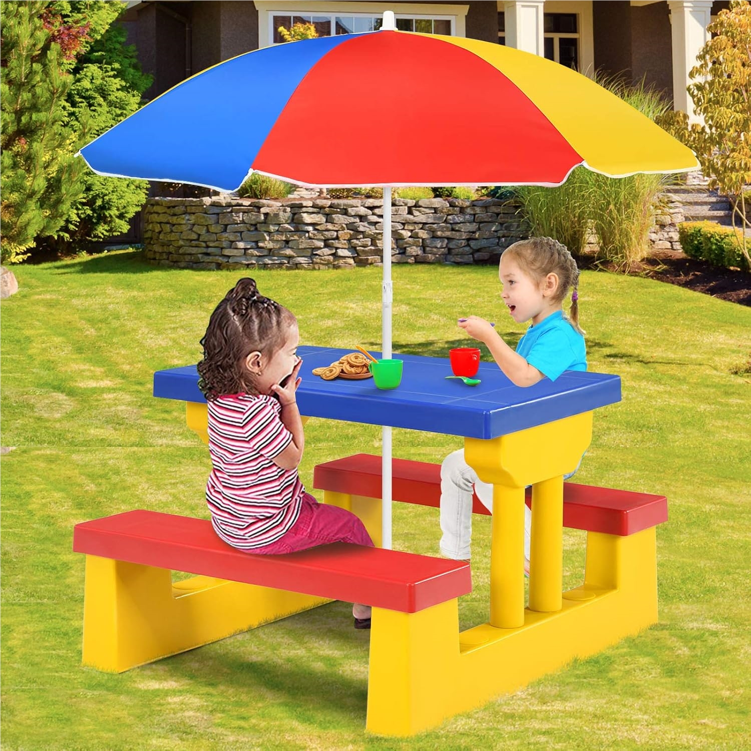Image of Children's Outdoor Seating Group With Sun Umbrella, Children's Picnic Table With Table & 2 Benches, Children's Seating Set Garden, Children's Table Garden Furniture For Backyard, Terrace (yellow)