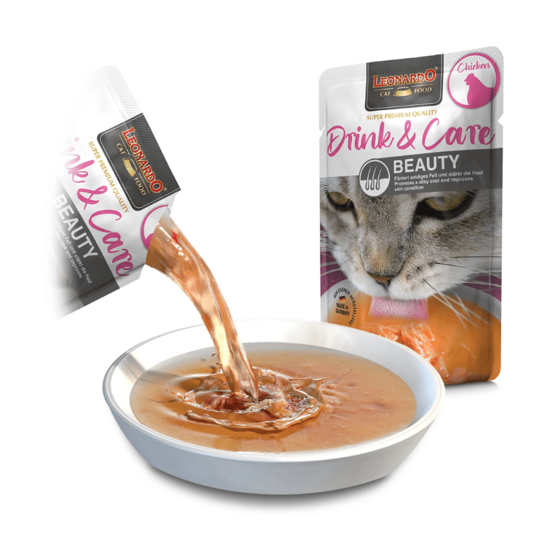 Pack de 20x40g - Sachets de Soupe de Poulet Leonardo Drink & Care pour Chats - Nourriture Complémentaire pour Chats Adultes - Favorise l'Apport de Liquides et la Santé des Voies Urinaires
