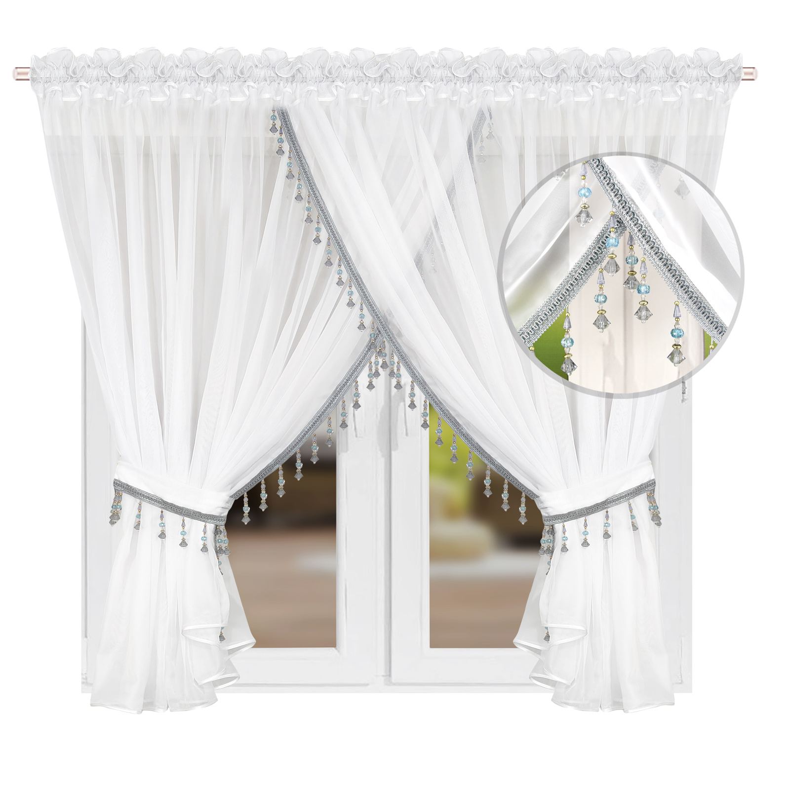 TEMU Flying White Curtain Panel 145x250cm With Beaded Trim, Soft Lightweight Sheer Tulle Drapes For Rod Pocket Or Clip Hanging, Elegant Room Bedroom