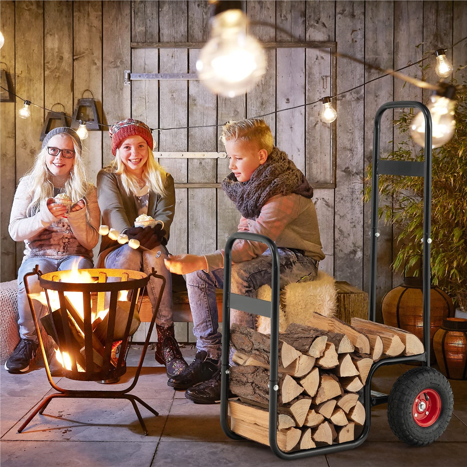 Image of Metal Firewood Cart With Wheels, Supports Up To 100 Kg, Firewood Trolley For Log Transport & Storage, Fireplace Wood Rack, Black