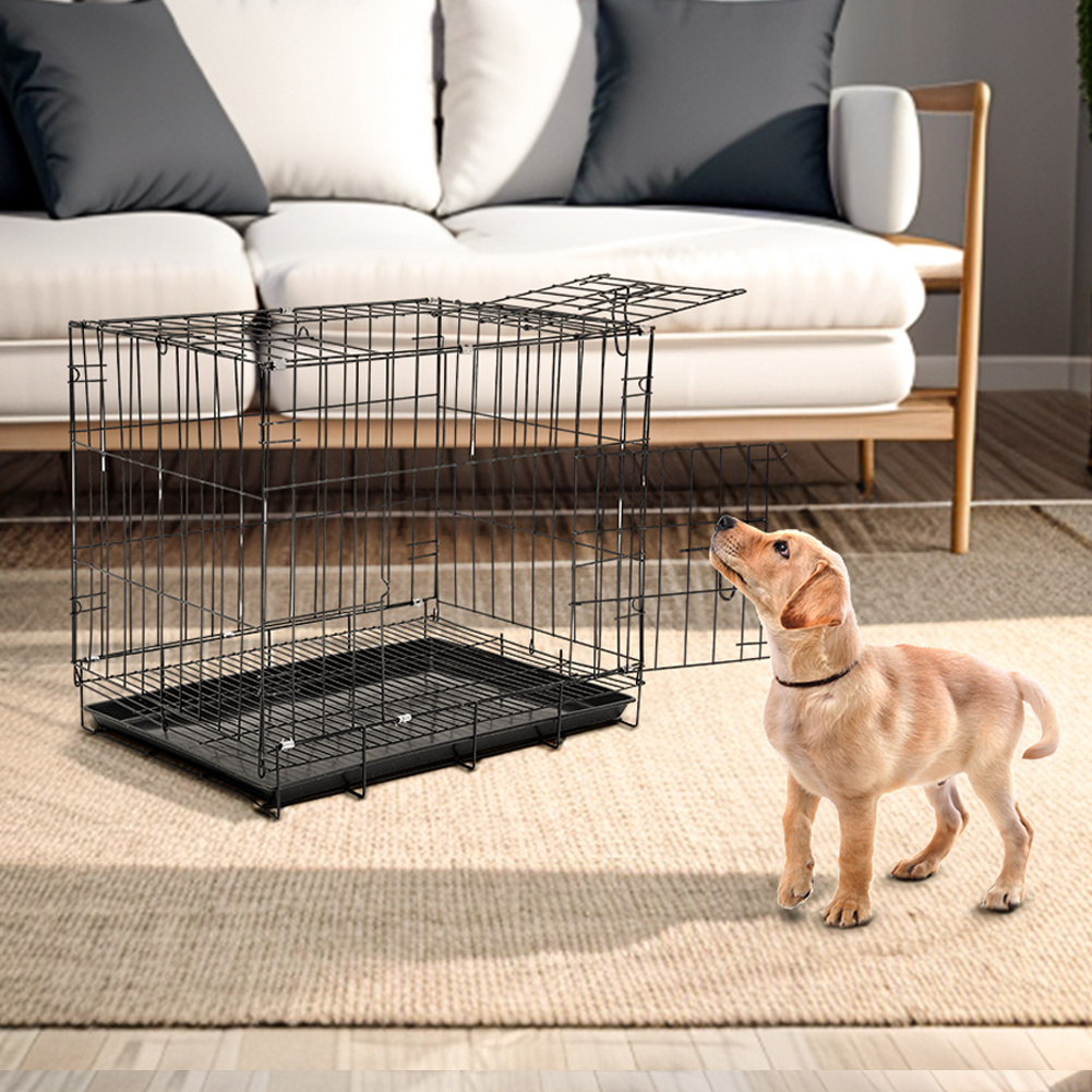 TEMU Heavy-duty Small Pet Cage With Tray - 50*35*43cm Black Wire Mesh Kennel For Puppies, Cats & Rabbits - Reinforced With Plastic Base, Dog Cage