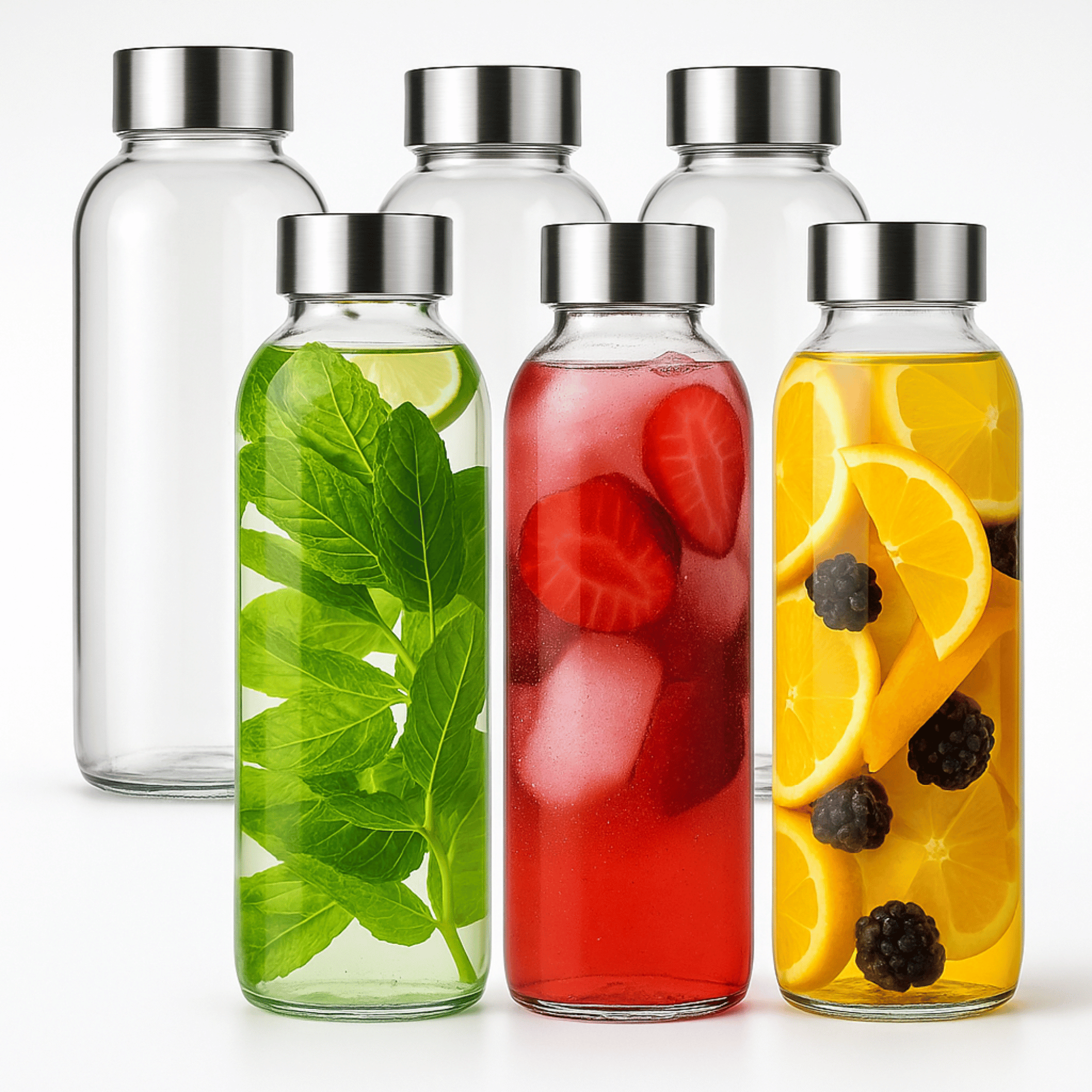 TEMU 6pcs Glass Bottle - Reusable 500ml Water Bottle With Leakproof Stainless Steel Lid, For Juices, Milk, Water, Drinkware, Sports Bottle, Smoothie