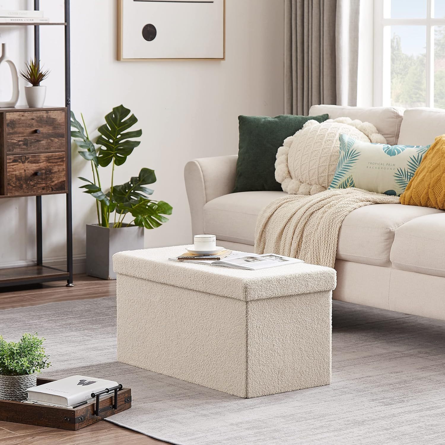Ottoman Storage Stool With Storage Plush Fabric Footstool Chest Storage Box Foldable Loadable Up To 300 Kg, Removable Lid