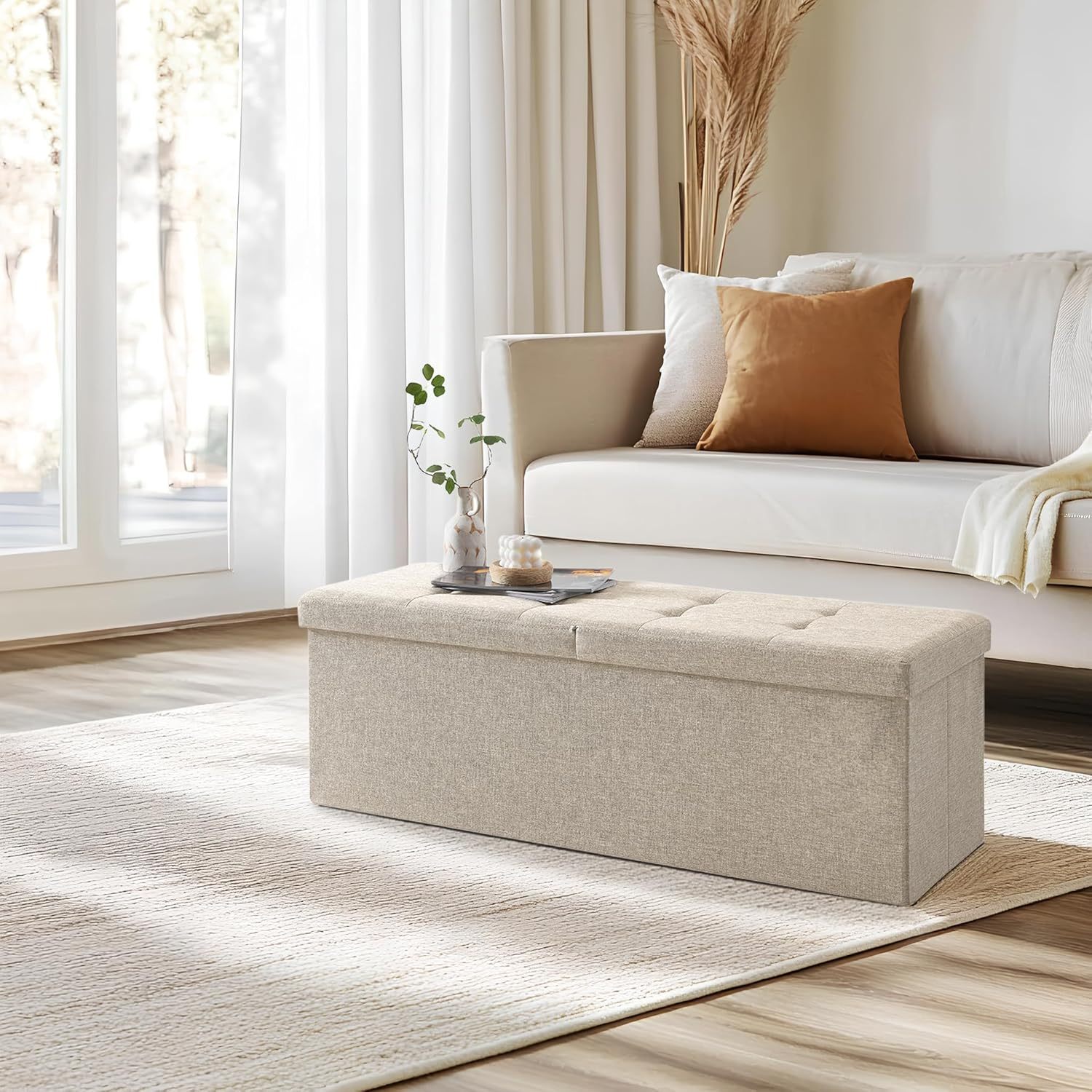 Storage Bench, Foldable Storage Stool, Loadable Up To 300 Kg, Hinged Lid, Foldable Storage Bench For Living Room, Hallway, Bedroom