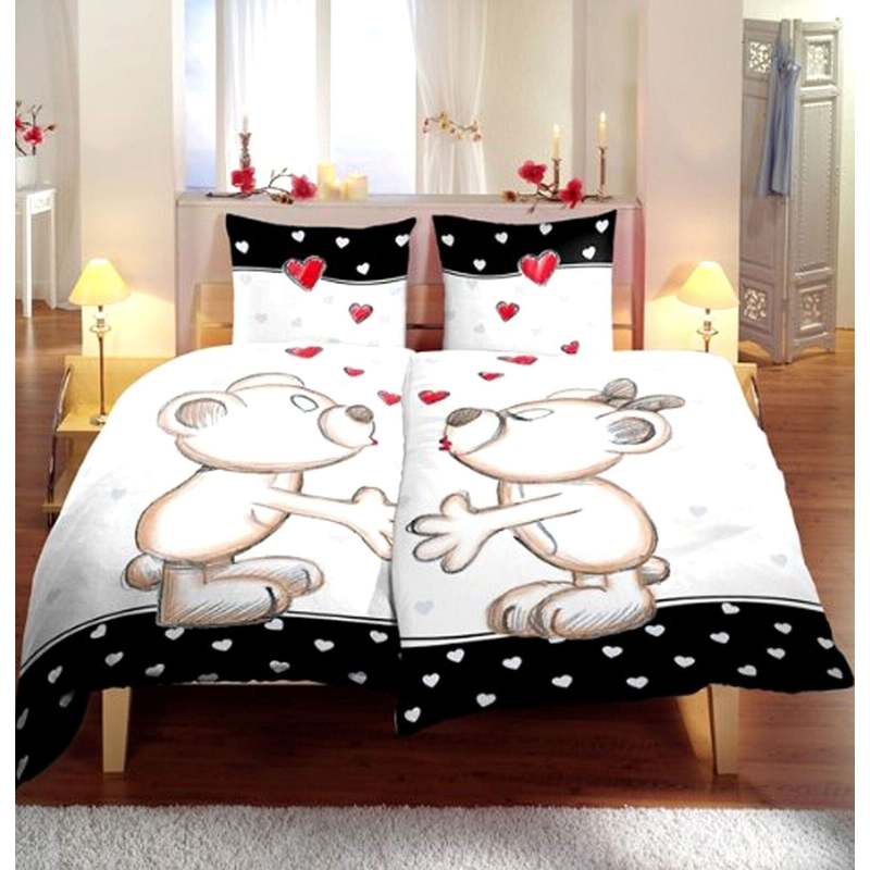 E-shop 4 teilig Bettwäsche 135x200 cm Herzen Liebe Partner schwarz Kissenbezug 80x80 cm mit Reißverschluss