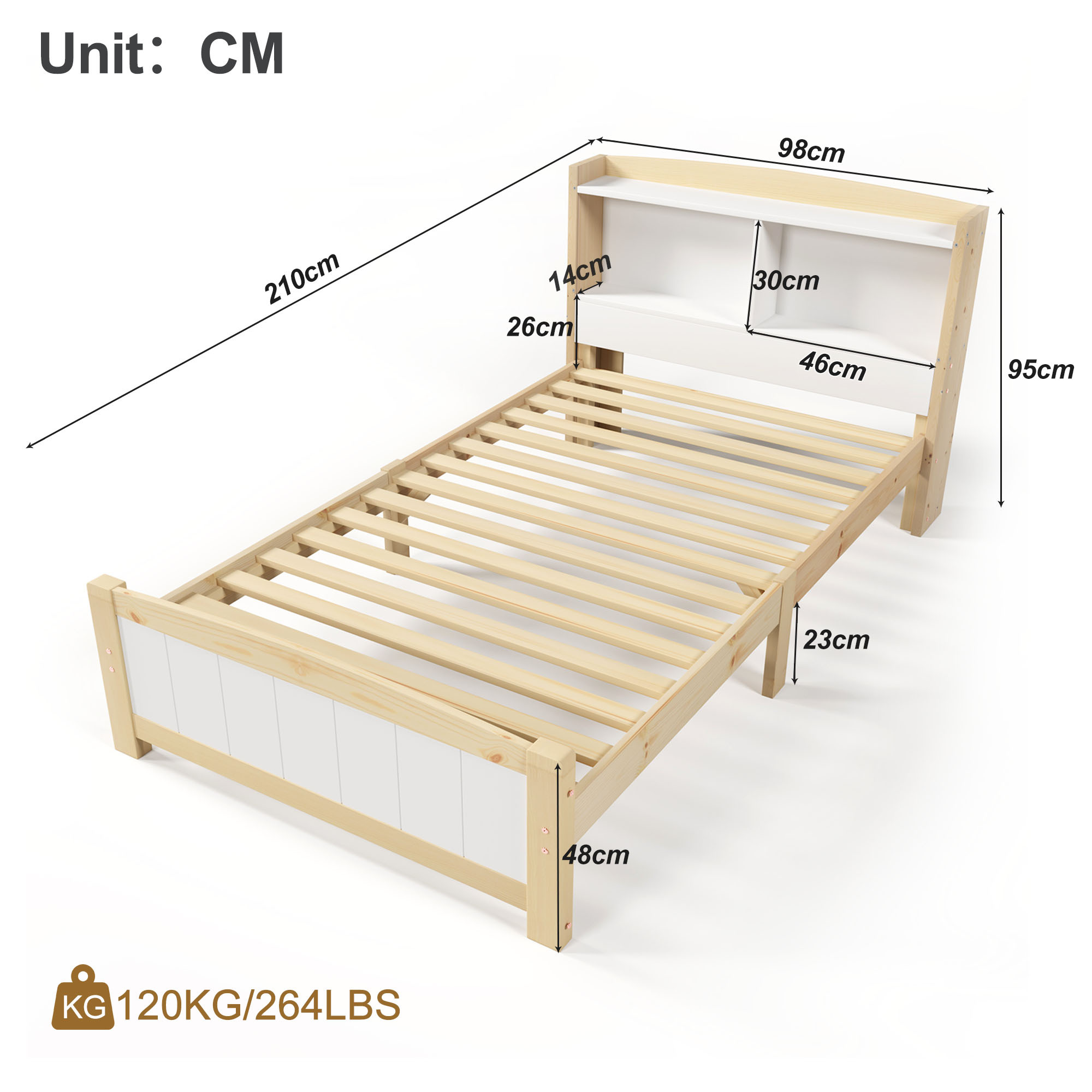 Modern Home Bed Frame, Single Storage Headboard Bed, Sortable Storage, Space Saving 3ft Single Bed (90 x 190 cm), Bed Frame Only