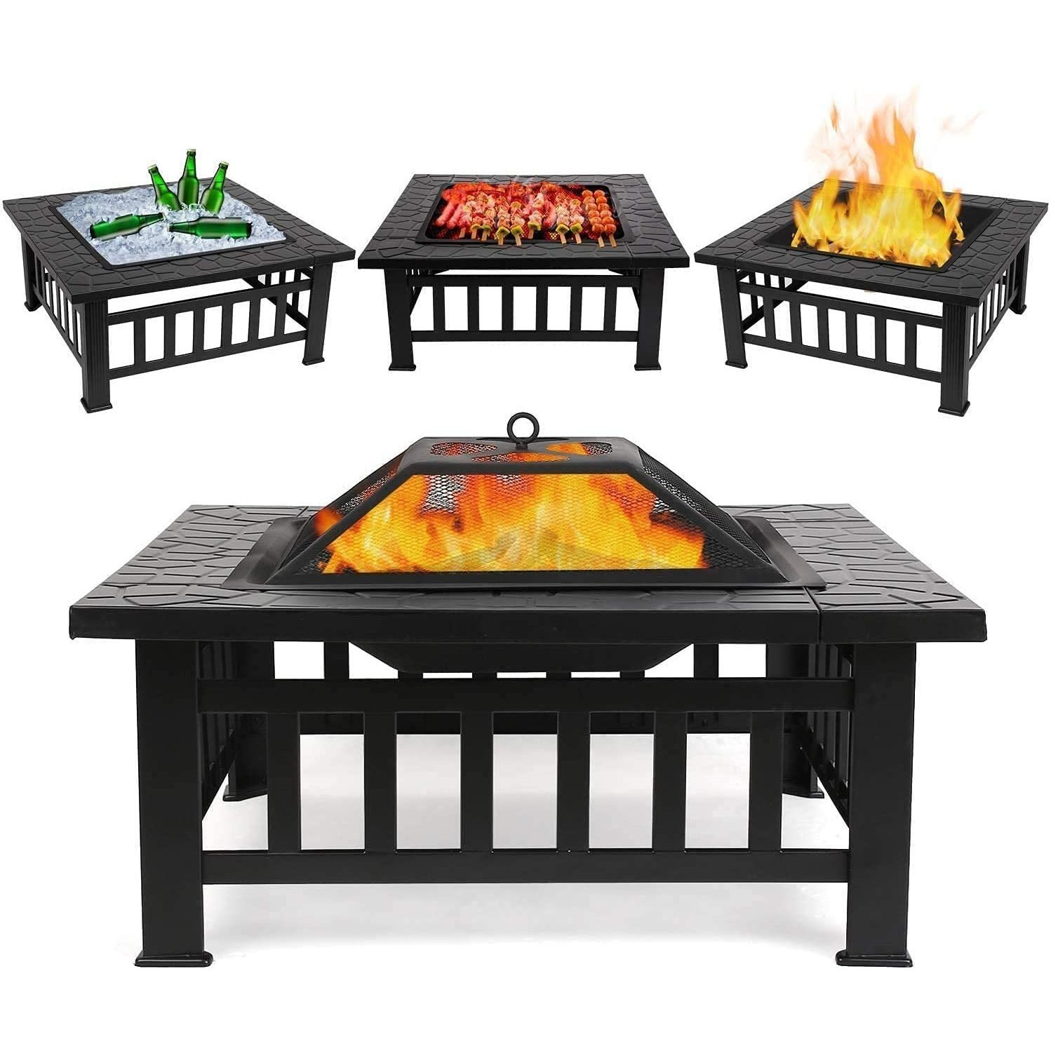 TEMU Hortus Large 3 In Pit With Bbq Grill Shelf, Outdoor Metal Brazier Square Table Firepit Garden Patio Heater/bbq/ice Pit