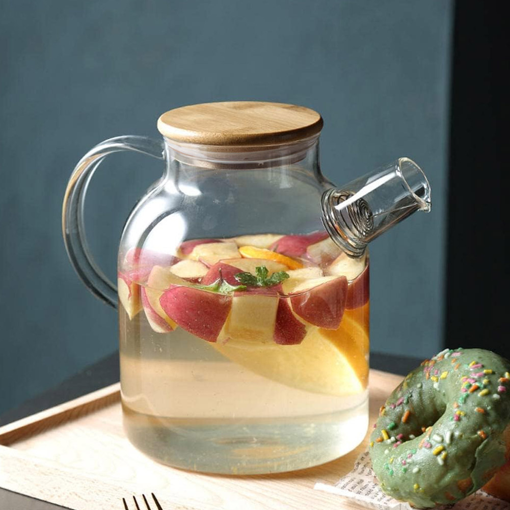 TEMU 1.6l Glass Kettle With Bamboo Lid And Spout, Beverage Large Kettle, Temperature Resistant High Borosilicate, Teapot, Large Capacity Cold Brew