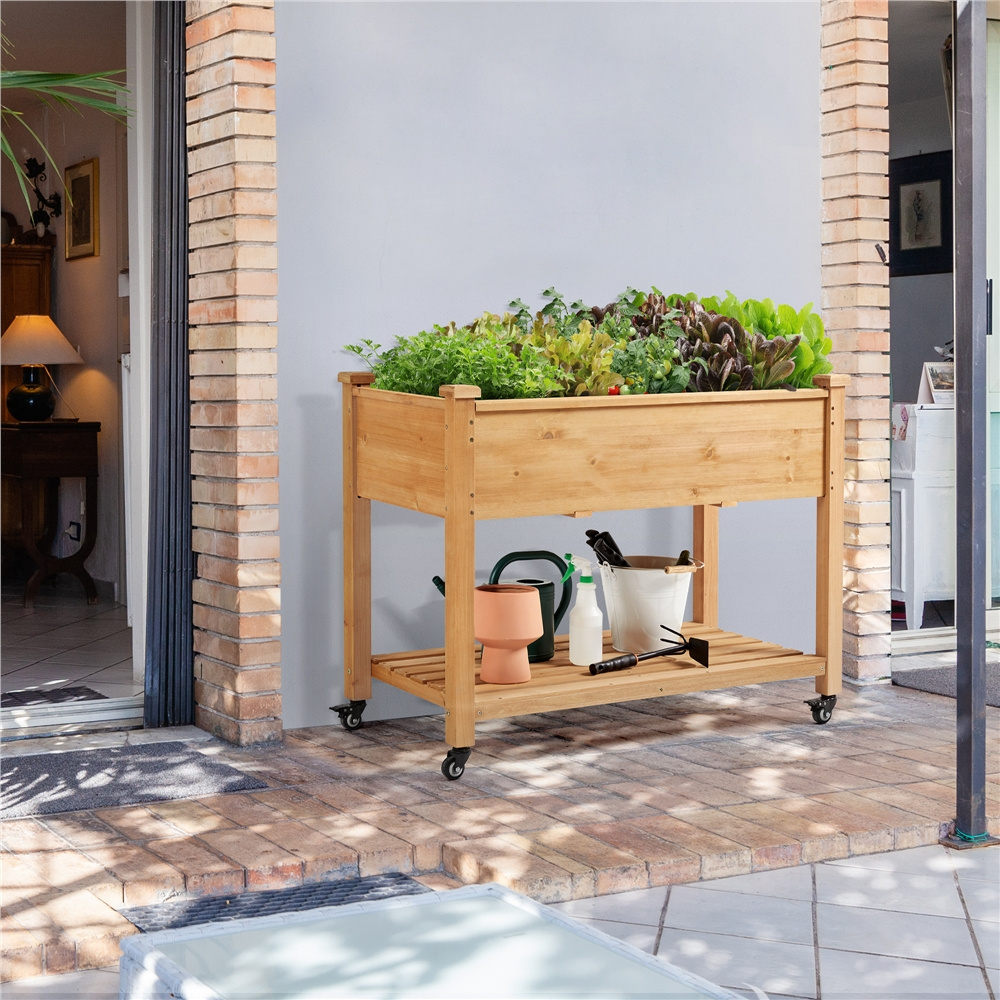 TEMU Costoffs Carré Potager Surlevé à Roulettes, Bac à Plantes en Bois de Sapin avec Étagère, Outil de Jardinage Intérieur/Extérieur