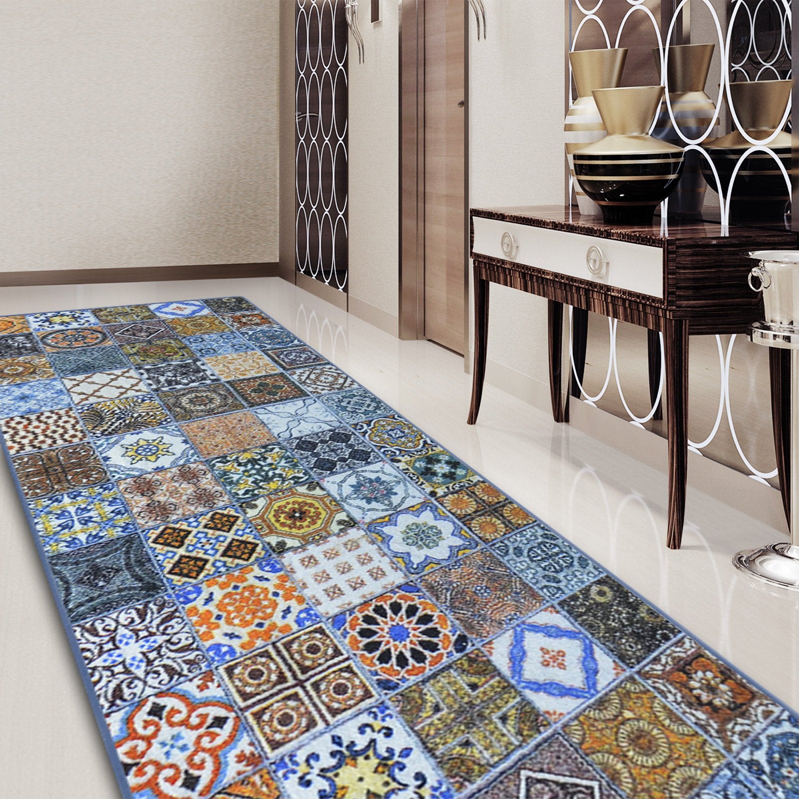 E-shop FLOORDIREKT Teppichläufer Bonita - Gewebt & Flauschig - Vintage - Gitter-Muster - Moderner Teppich für Küche, Flur & Wohnräume