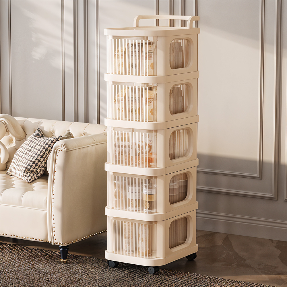 5-Layer Beige Plastic Wheeled Storage Box, Detachable Rack