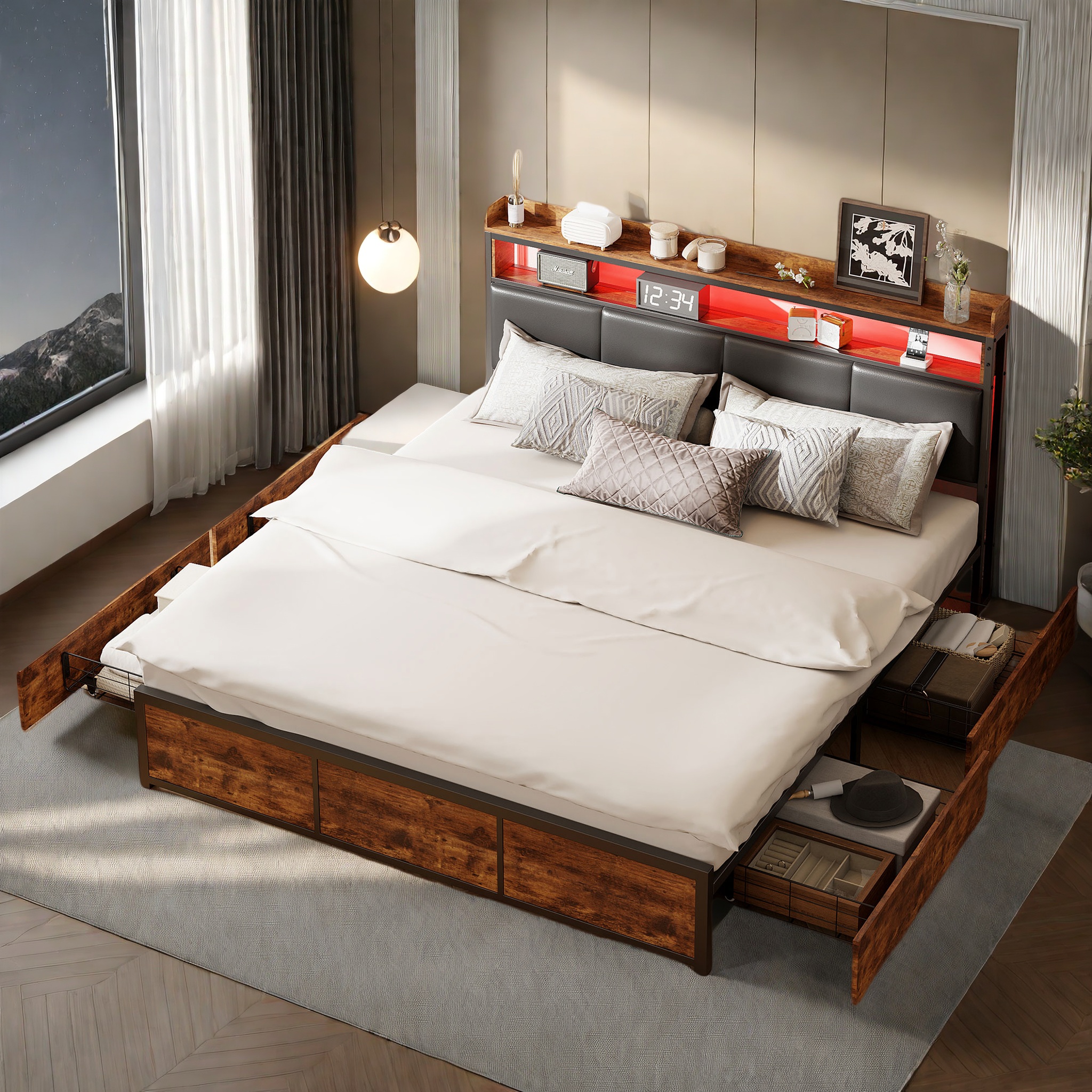 TEMU Adult Bed, Bed Frame, Bed Frame With 4 Storage Drawers, Wooden Led Bed Platform With Headboard, Charging Station, Metal Slats, , Ycz