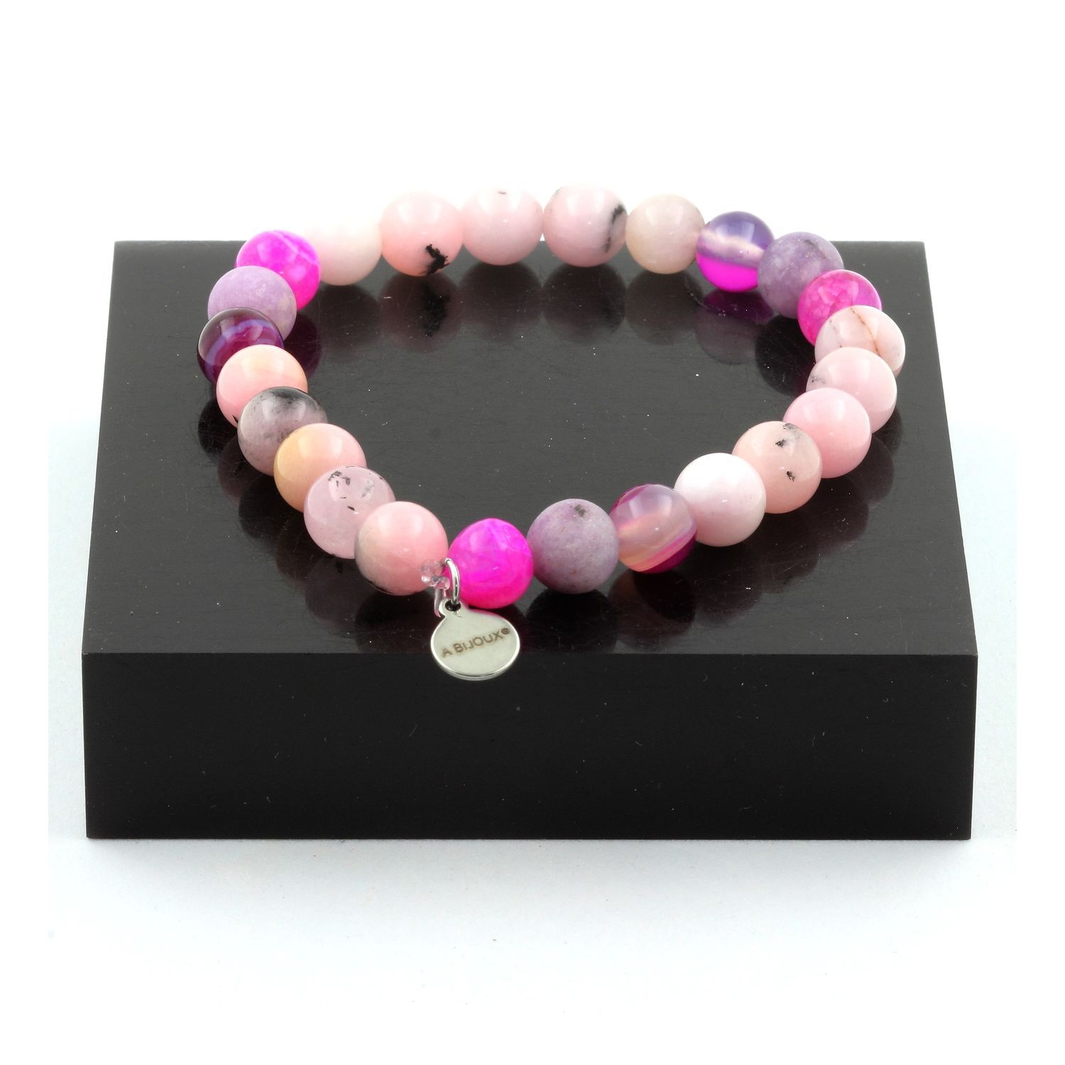 Image of Opal Pink Pearl Bracelet + Pink Agate + Fuchsia Dragon Vein Agate + Matte Violet Mica 8 Mm. Made In France