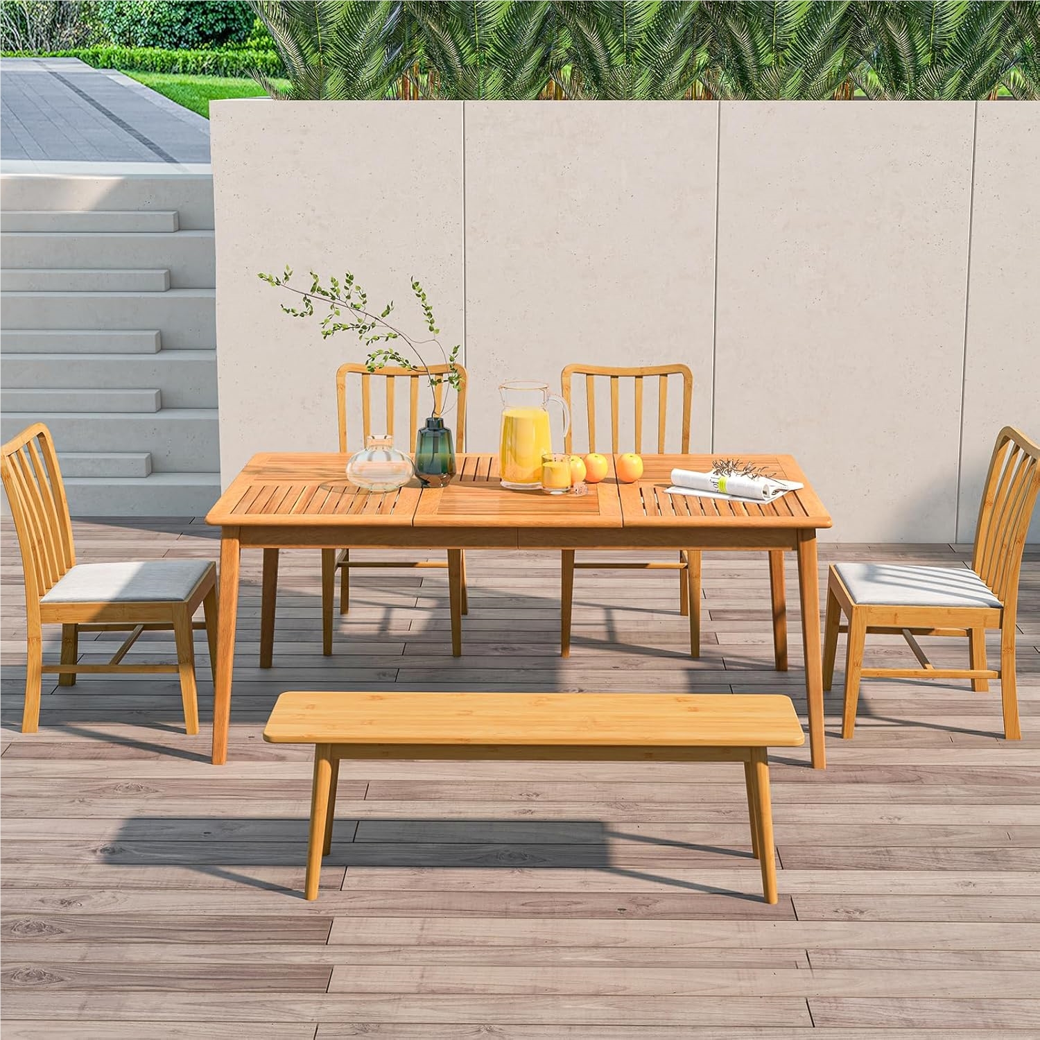 Image of Acacia Wood Garden Table, 170 X 90 Cm, Large Patio Table For 6 People, Rectangular Balcony Table With Umbrella Hole, Wooden Table, Outdoor Dining Table For Balcony, Terrace, Garden