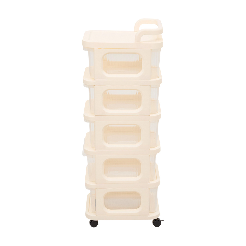 5-Layer Beige Plastic Wheeled Storage Box, Detachable Rack