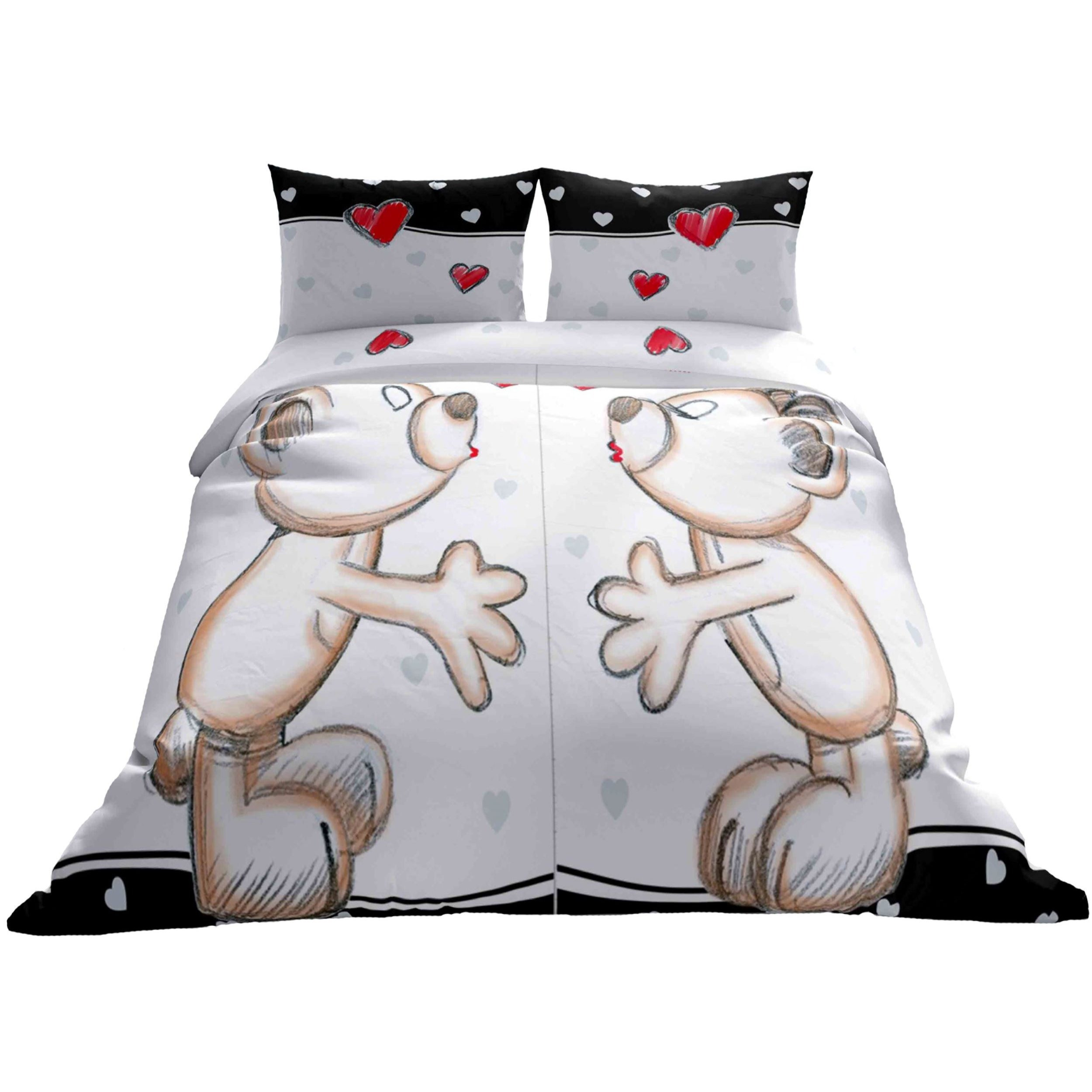 E-shop Bettwäsche Herz Set Schwarz Braun Rot Weiß Partnerbettwäsche Modern Kissenbezug 80x80 cm mit Reißverschluss