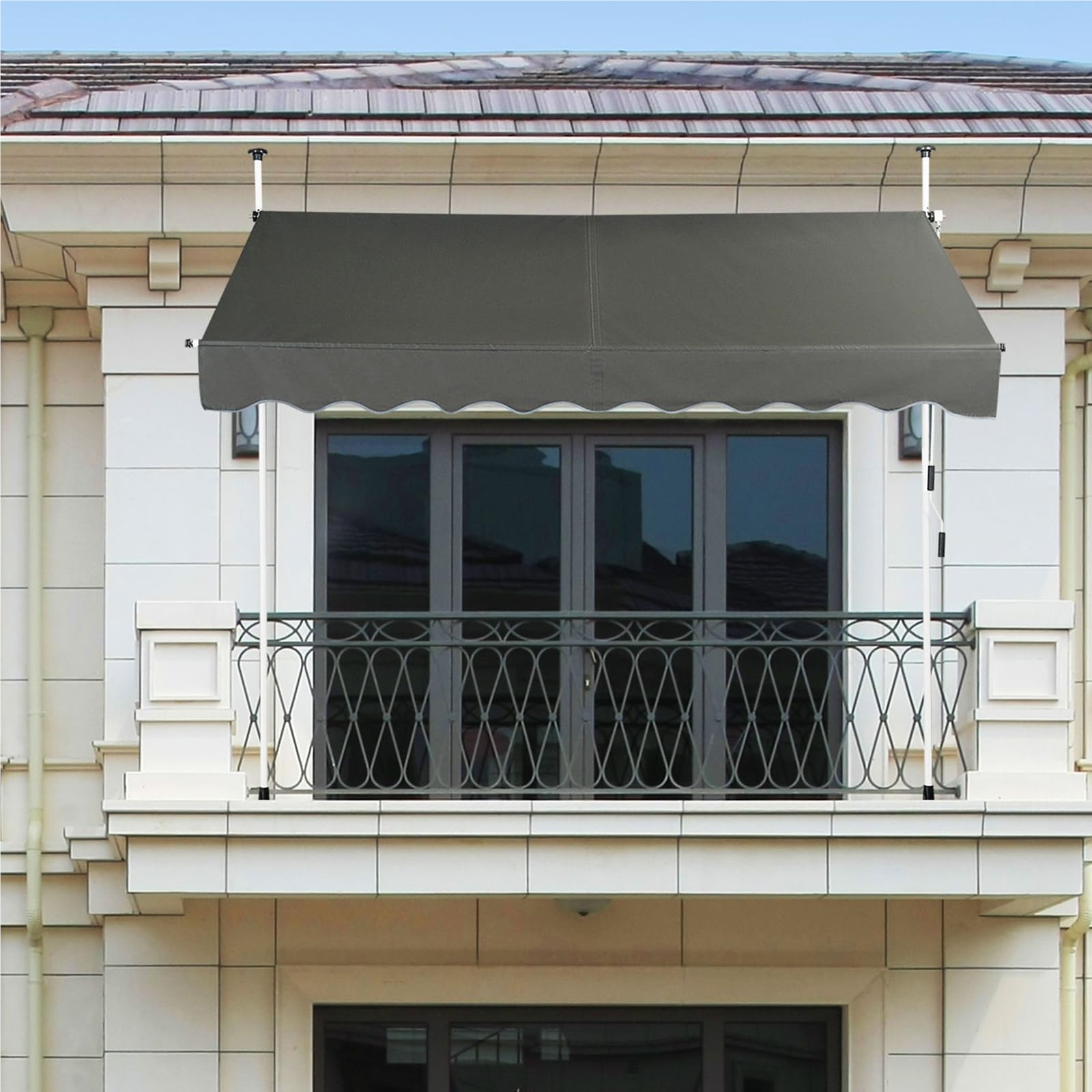 Clamp Awning 200 Cm Wide, No-drill Balcony Awning, Uv-resistant, Height-adjustable, Hand-crank Awning, Sun Awning, Sun Protection For Balcony, Grey