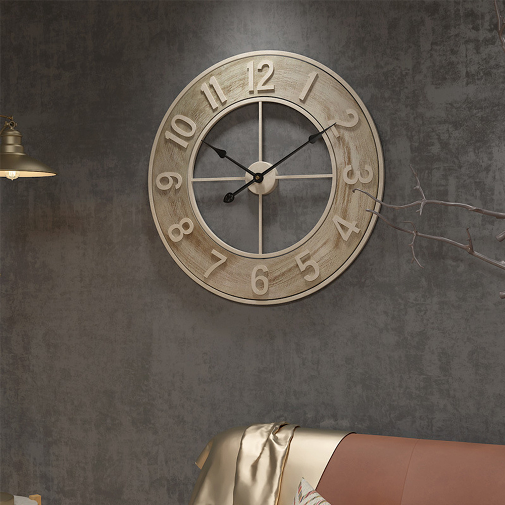 TEMU 1pc Rustic Retro Iron Art Wall Clock Wooden Texture, 60cm Large Outdoor Garden Wall Clock, Clock 3d , Silent Non-ticking, Hanging Decorative