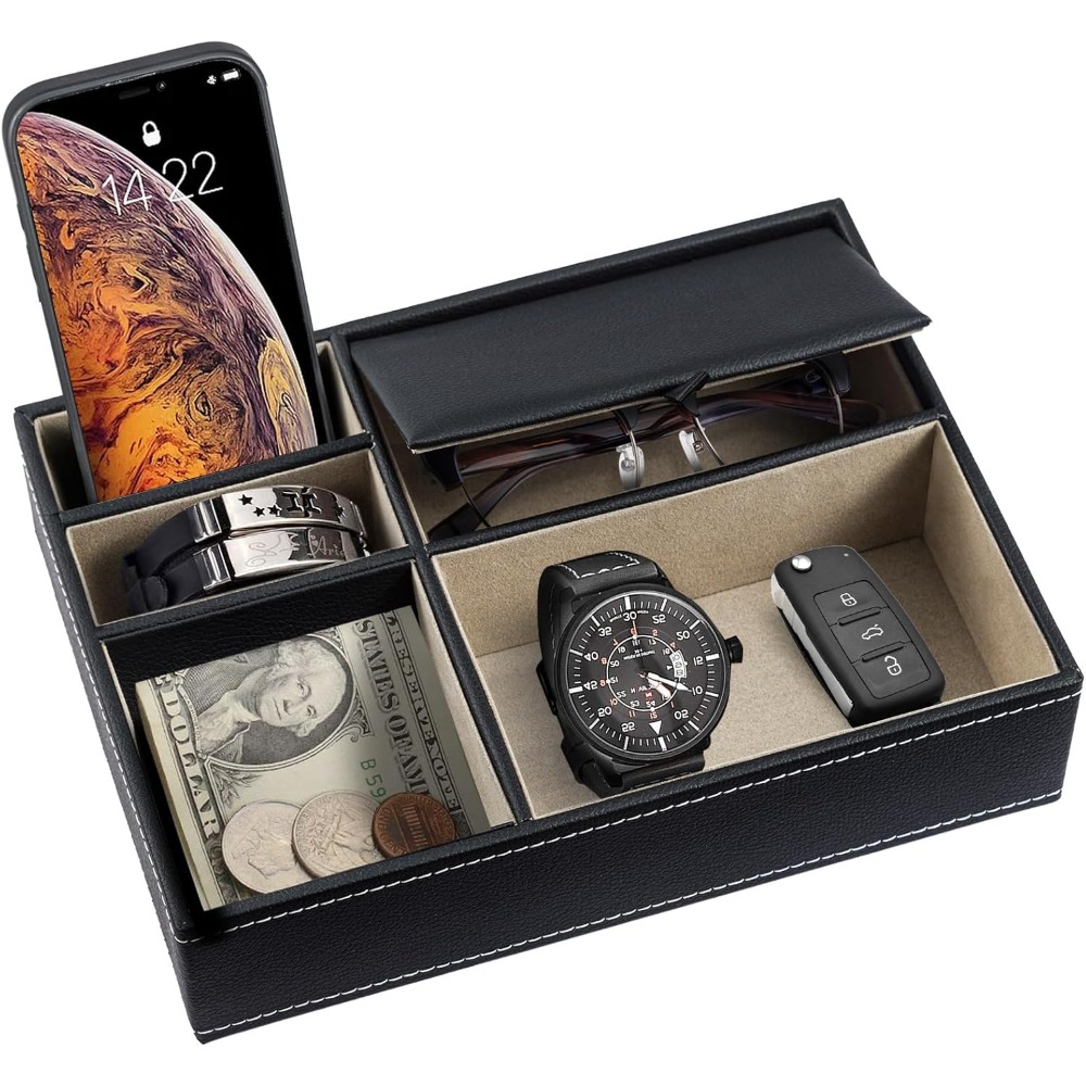 leather   tray storage 5 compartment bedside table suitable for men womens mobile phones wallets keys jewelry watches sunglasses storage boxes size 26 x 18 7 x 5 3 cm