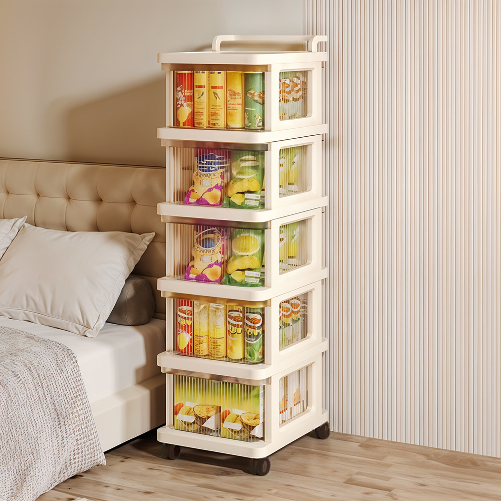 5-Layer Beige Plastic Wheeled Storage Box, Detachable Rack