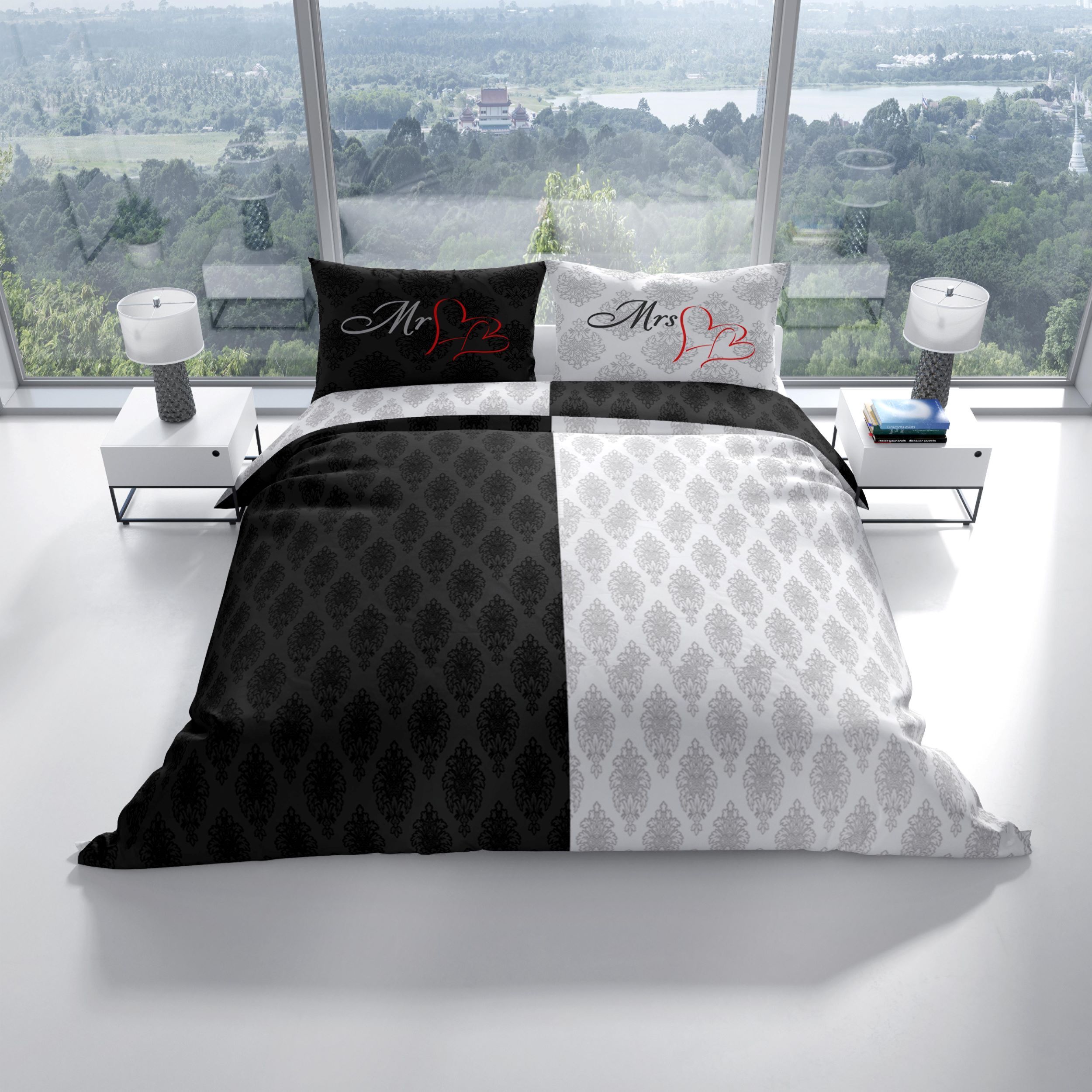 E-shop Bettwäsche Ornamente Set Partnerbettwäsche Modern Hochzeit Kissenbezug 80x80 cm mit Reißverschluss und Wendeseite