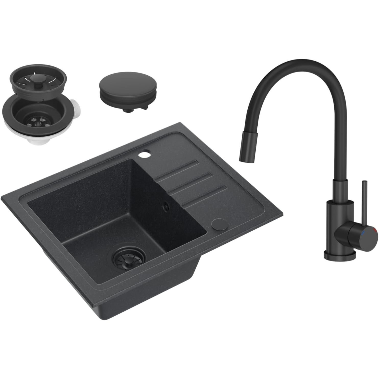 Image of Vbchome Granite Sink 55x44 | Built-in Sink With Faucet & Siphon | Reversible Single Sink With Flexible Drain