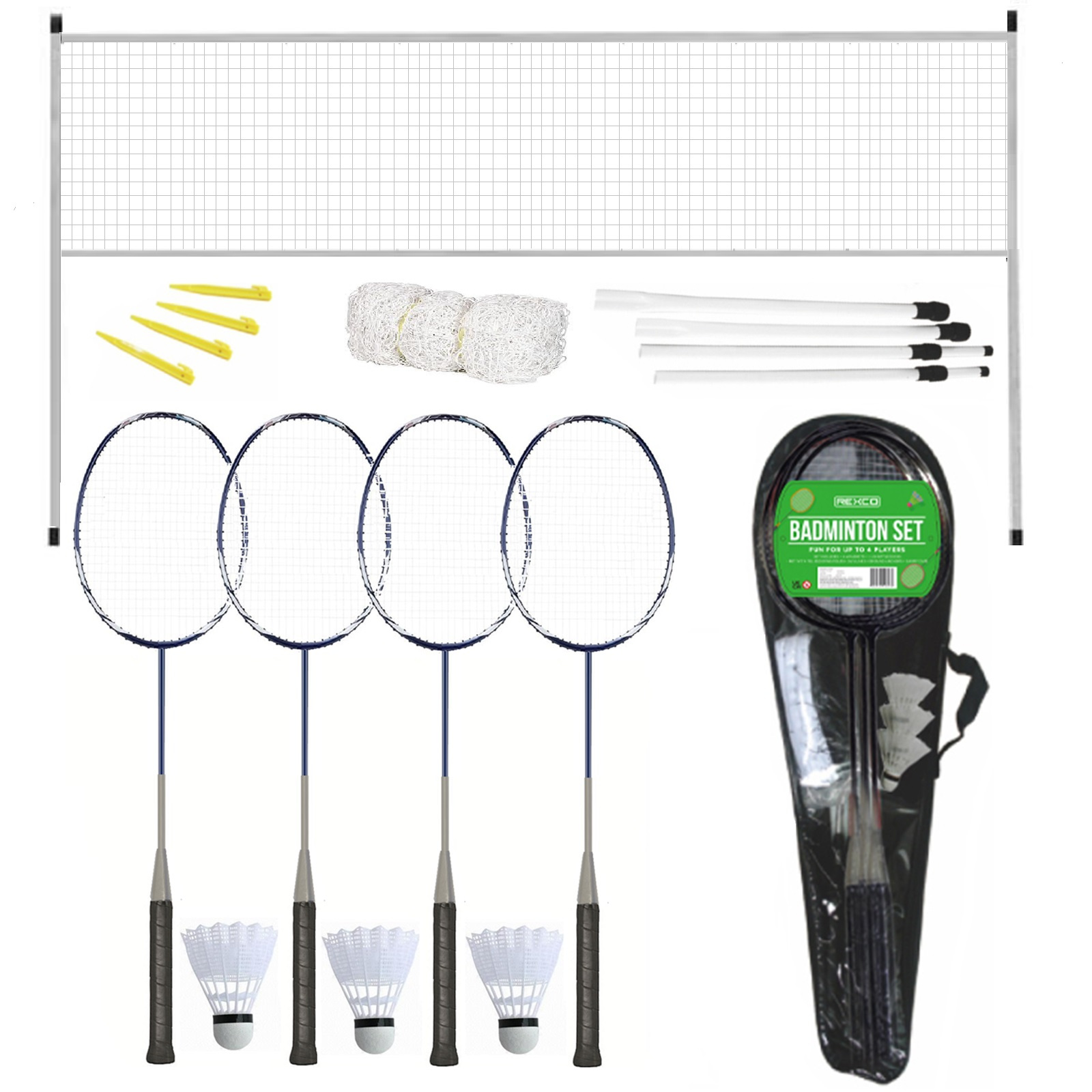 Rexco Badminton Set 4 Player Rackets Shuttlecocks Heavy Duty Poles Net Bag Garden Game, Multi