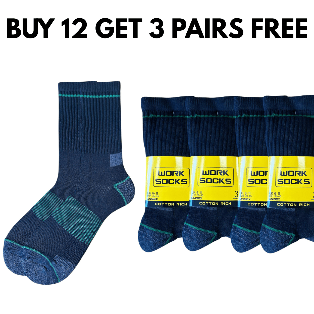 TEMU 12 Pairs Unisex Heavy Duty Work Socks – Black Crew Length, Reinforced Heel & Toe – Uk Size 6-11