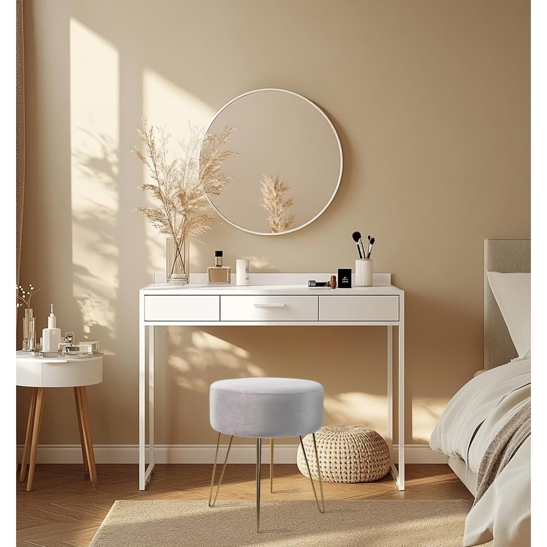 Makeup Stool With Makeup Table, Round Footstool, Pouf, Cushioned Stool For Living Room, Bedroom With Metal Legs