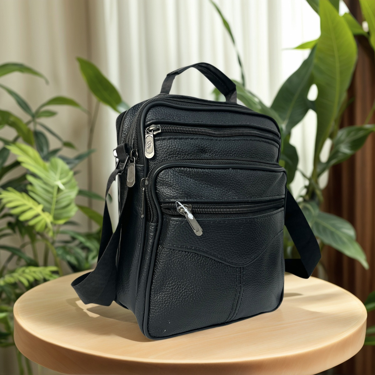 TEMU Bolso bandolera de hombre en piel auténtica – Estilo casual, múltiples compartimentos, tres tamaños disponibles