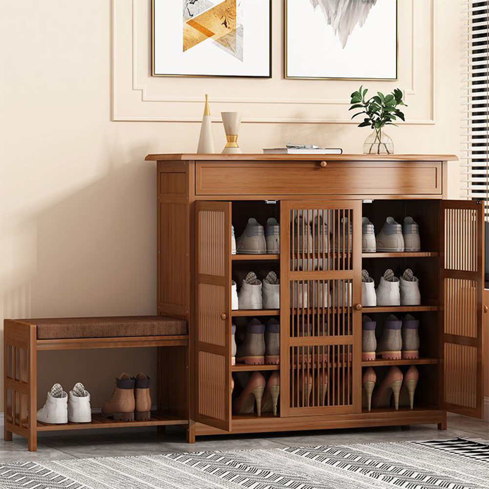 TEMU 4 Tier Shoe Rack Bamboo Wood Rustic Brown Shoe Cabinet With Seat Shoes Storage Bench Hallway Shoe Cabinet With Doors