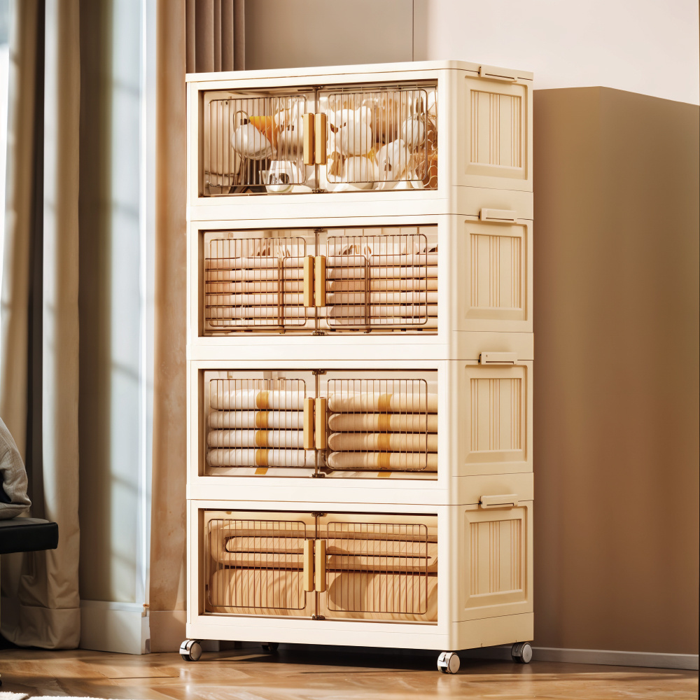 TEMU 4-tier Plastic Storage Boxes With Lids - Stackable Wheeled Storage Trunks, Foldable Closet Organizer Box With Magnetic Closure, Storage For
