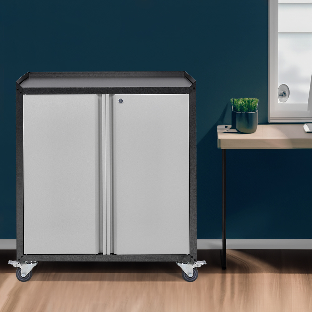 heavy duty lockable steel storage cabinet 2 door mobile bookcase with 2 shelves wheels for office home use