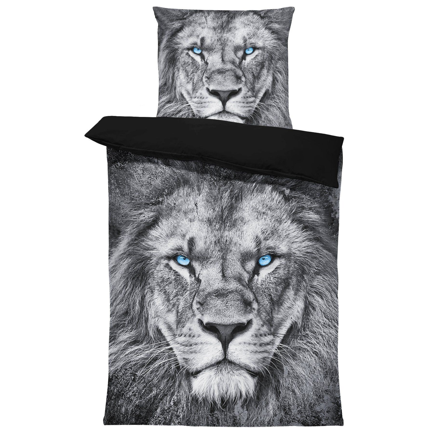 E-shop Löwen Bettwäsche 135x200 cm Löwe grau schwarz Tiere Garnitur Wende Kinder Kissenbezug 80x80 cm mit Reißverschluss