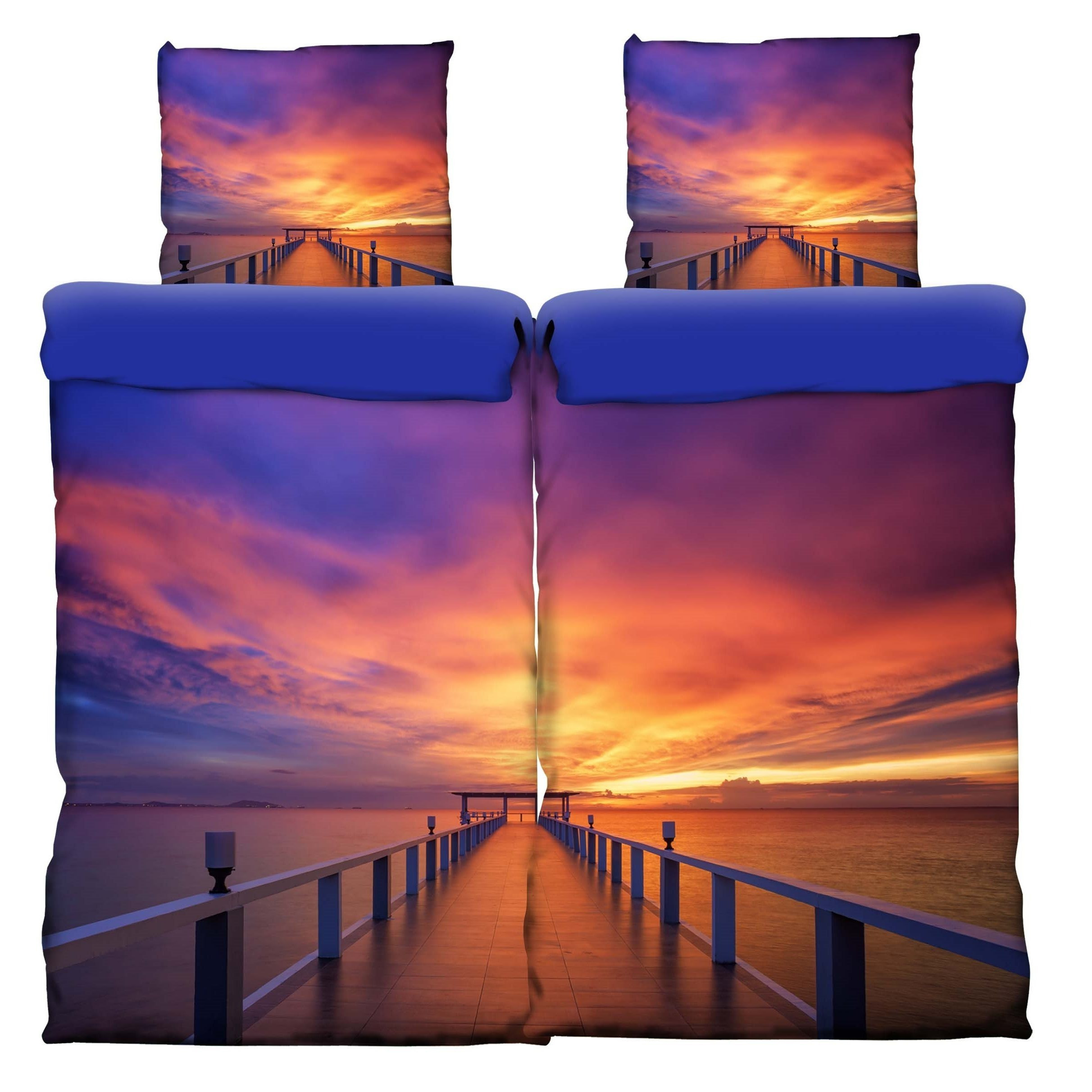 E-shop 4 teilig Partner Bettwäsche 135x200 cm Steg Sonnenuntergang Wende Weiche Mikrofaser Kissenbezug 80x80 cm mit Reißverschluss