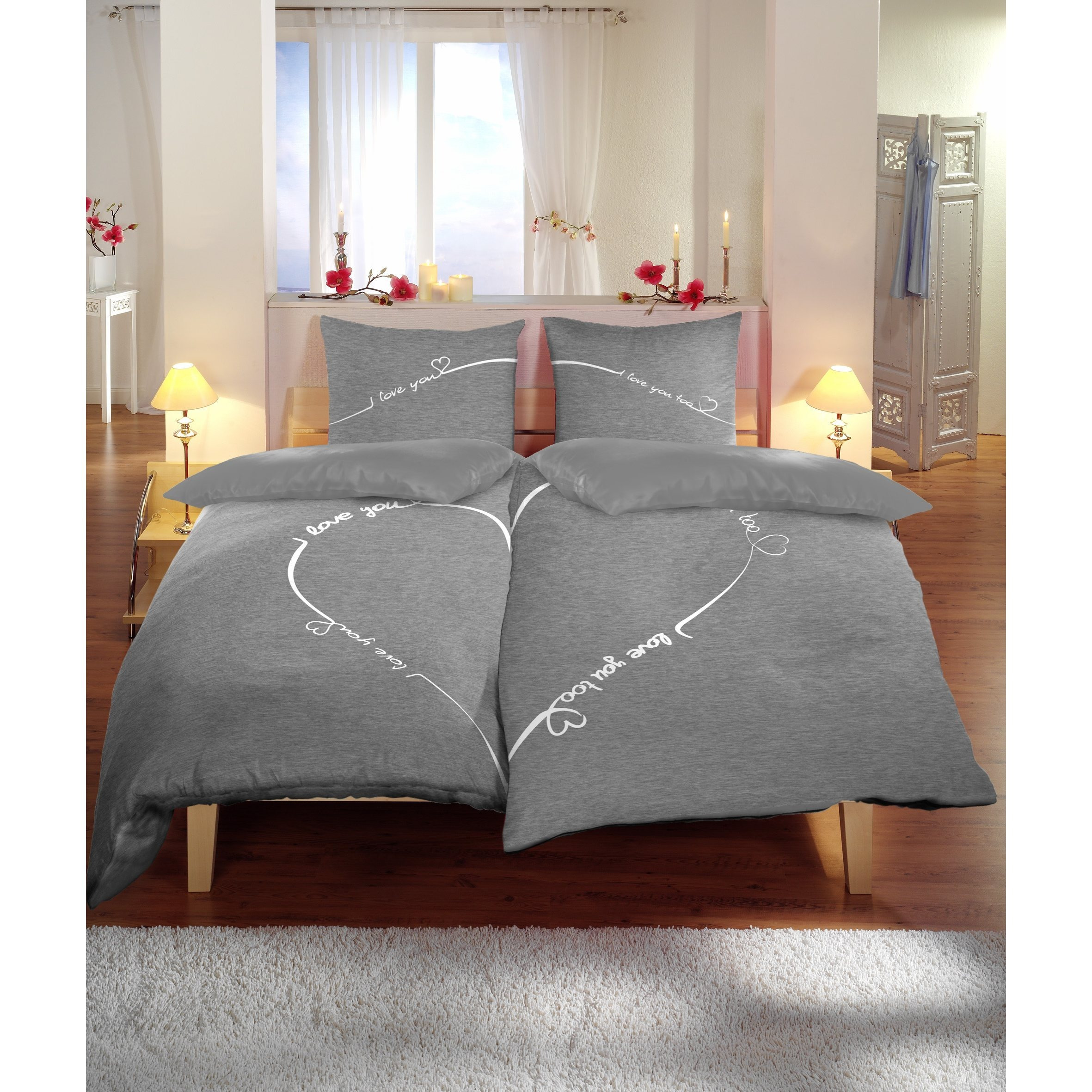 E-shop 4 teilig Partner Bettwäsche 135x200 cm Love grau silber meliert Wende Weiche Kissenbezug 80x80 cm mit Reißverschluss