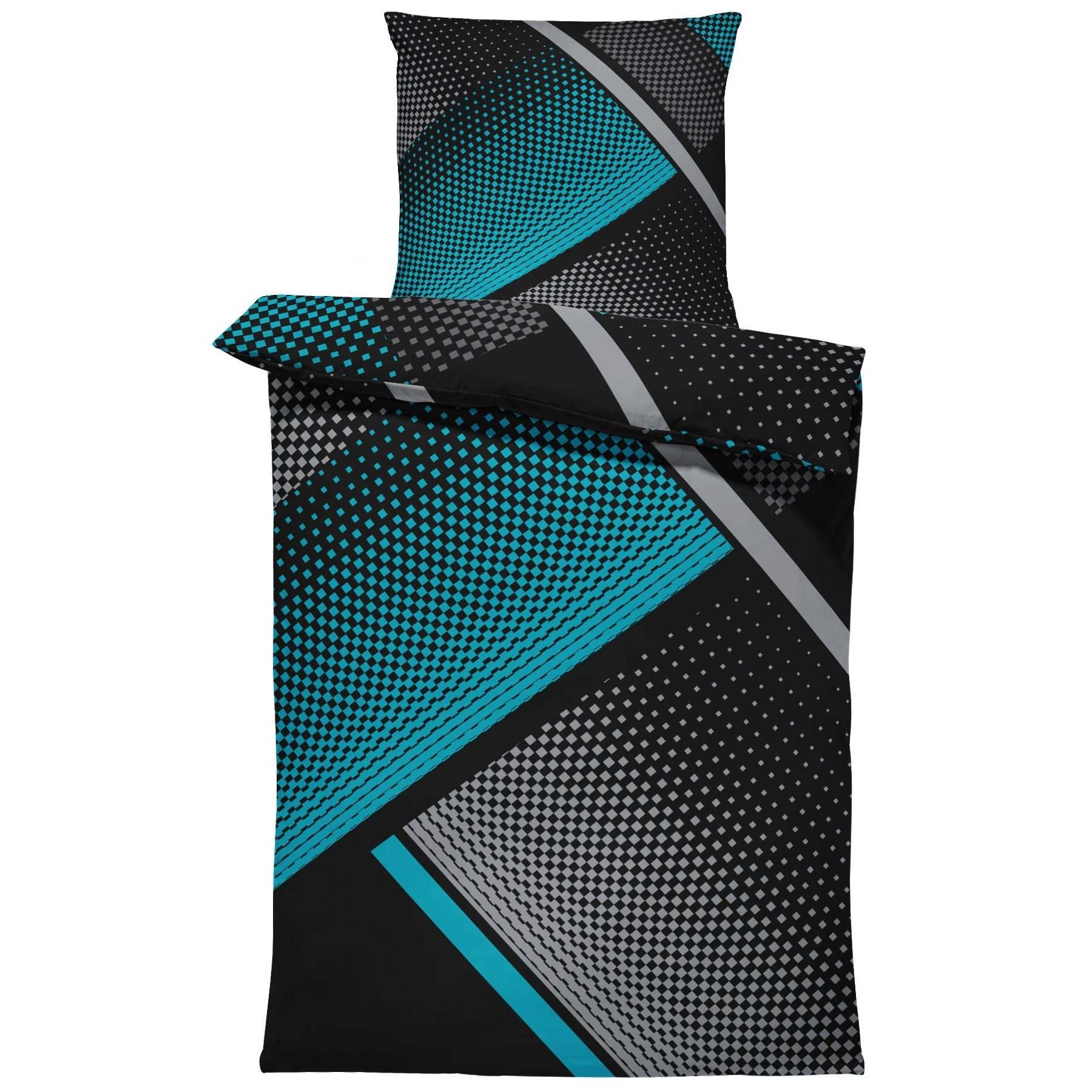 E-shop Bettwäsche 135x200 cm geometrisch grafisch petrol grau schwarz modern Kissenbezug 80x80 cm mit Reißverschluss