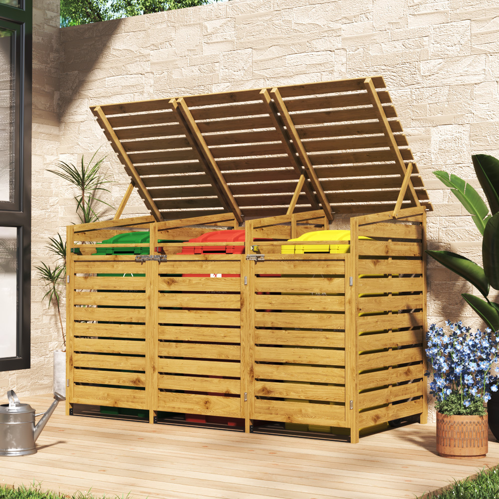 TEMU Large Triple Wheelie Bin Storage Wooden Store Cover Garden Rubbish Dustbin Doors, Durable Outdoor Organizer For Garbage Bins And Recycling Bins