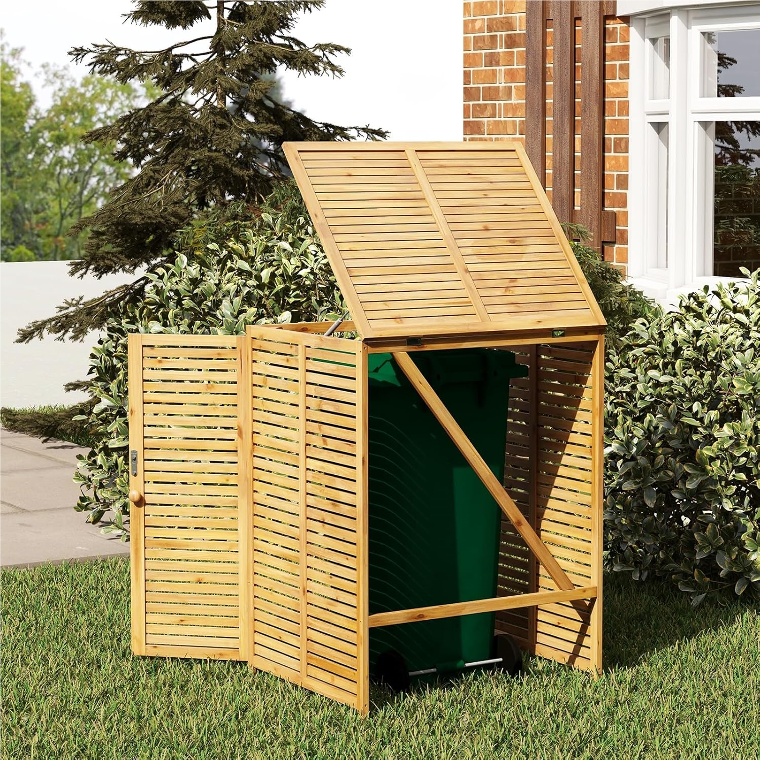 Image of Wooden Trash Can House, For 120 L Trash Can, Trash Can Cladding For Trash Can Box, Trash Can Protection With Door & Lid, Storage Box For Trash Cans, Weatherproof For , Natural